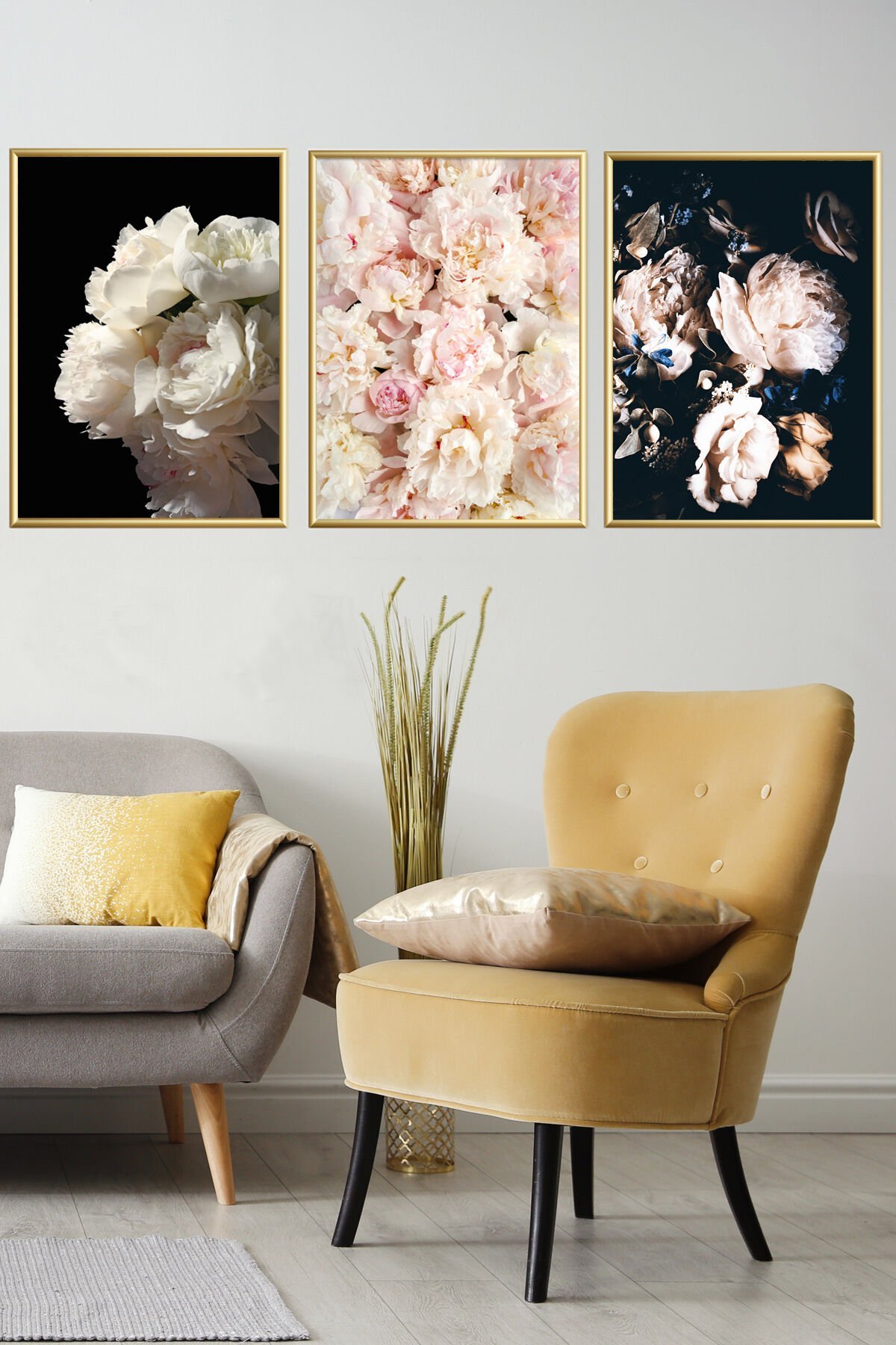 Üçlü Camlı Çiçek Pembe Siyah Alüminyum Çerçeveli Set