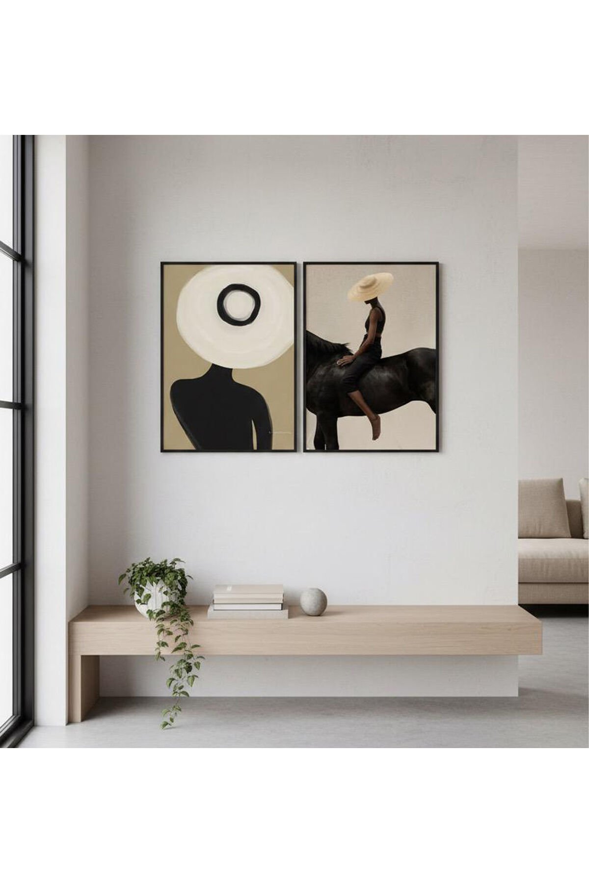 İkili Siyah Metal Çerçeve Şapka At Camlı Tablo Seti