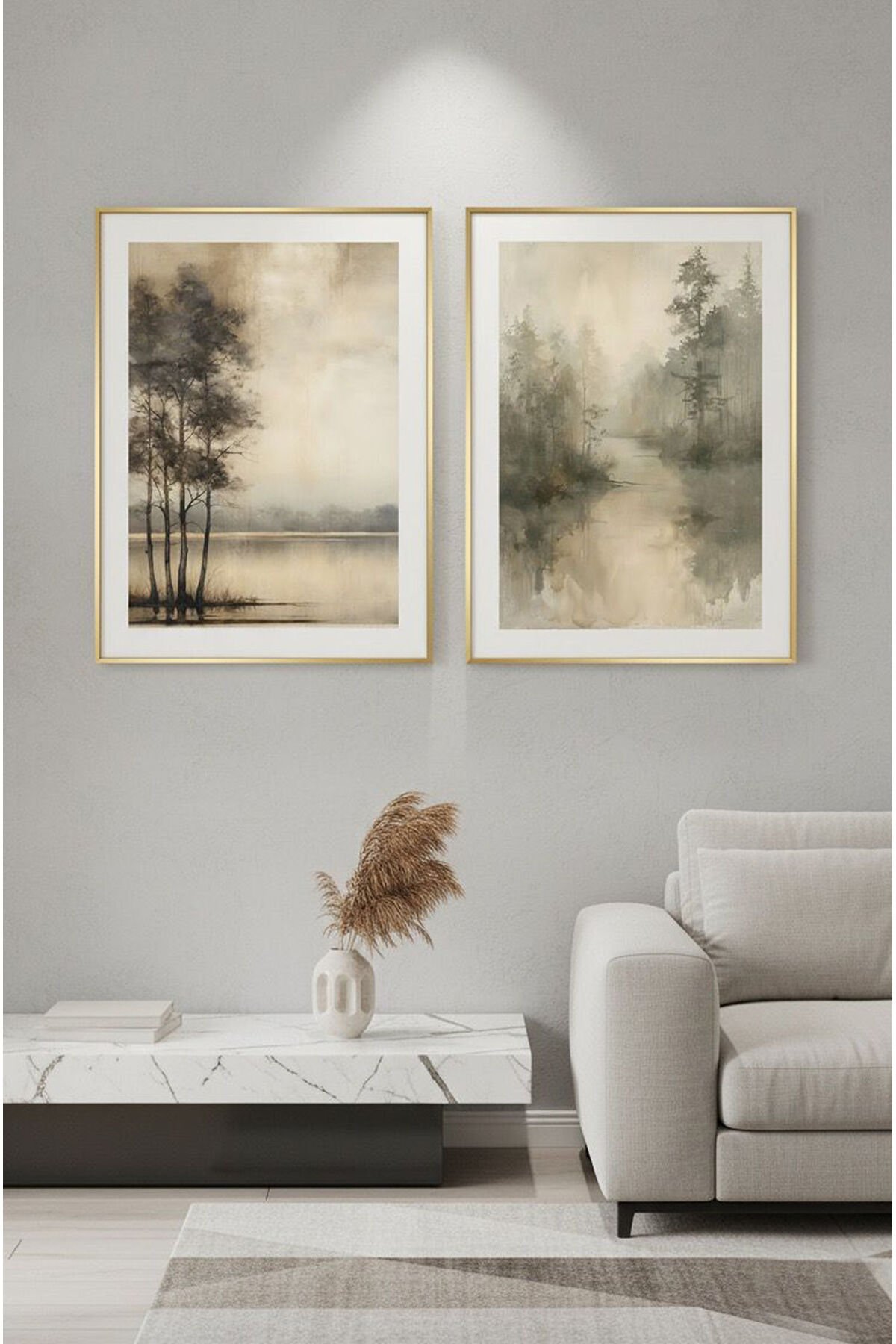 2li Gold Metal Çerçeve Sisli Orman Camlı Tablo Seti