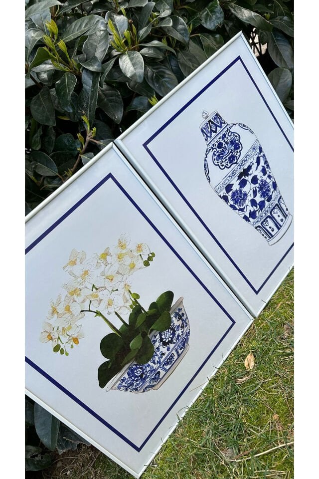 İkili Beyaz İnce Metal Çerçeve Blue Blanc Vazo Cam Tablo Seti