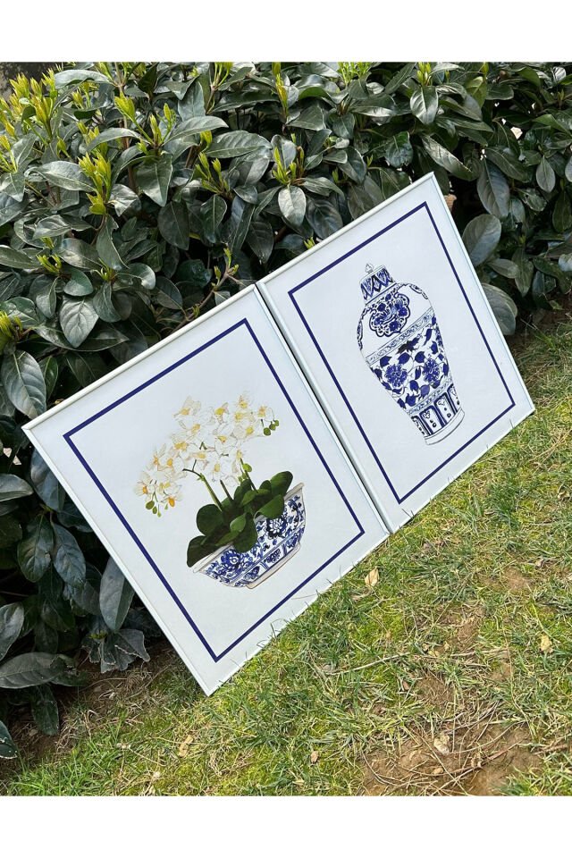 İkili Beyaz İnce Metal Çerçeve Blue Blanc Vazo Cam Tablo Seti