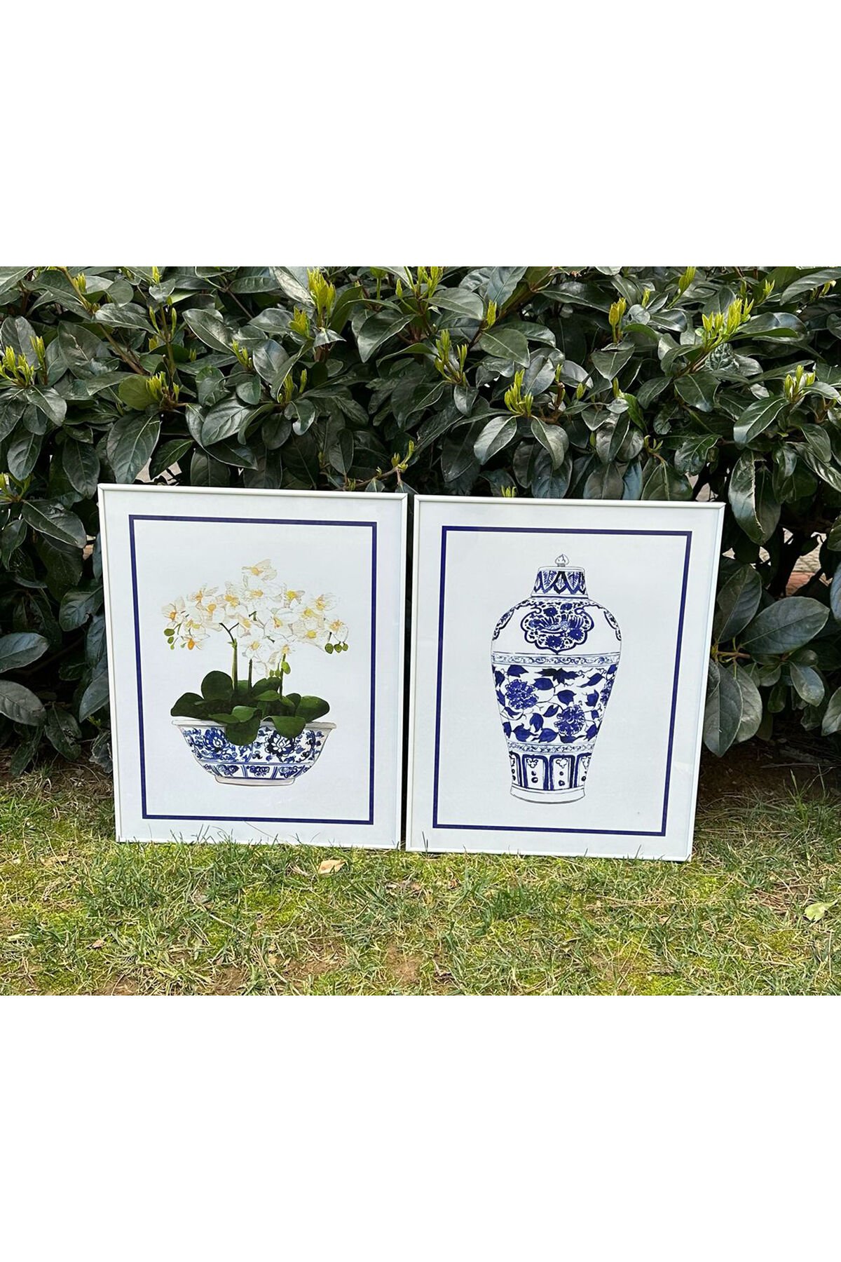 İkili Beyaz İnce Metal Çerçeve Blue Blanc Vazo Cam Tablo Seti