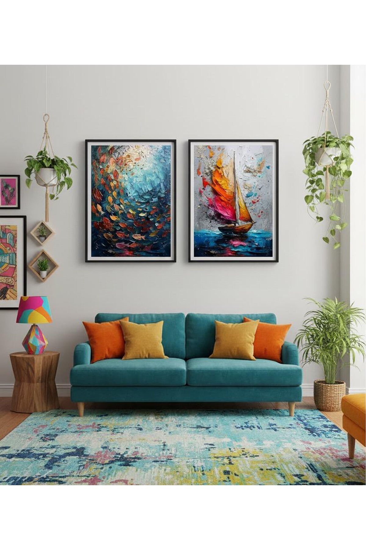 İkili Siyah Metal Çerçeve Deniz Mavi Camlı Tablo Seti