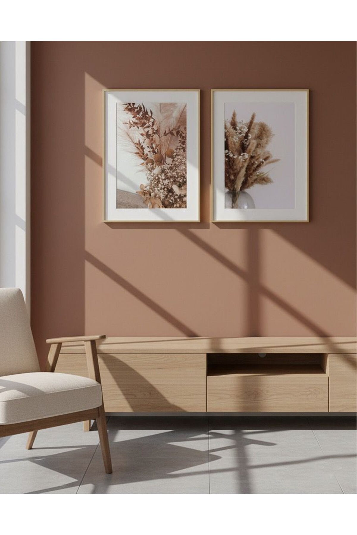 2li Gold Metal Çerçeve Pampas Camlı Tablo Seti