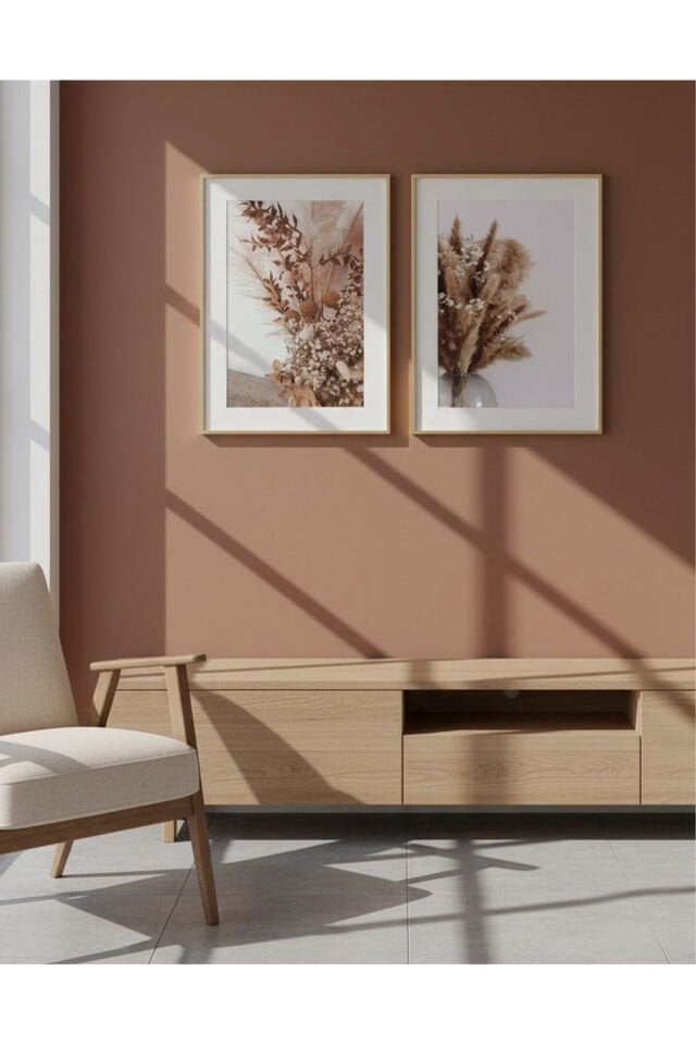 2li Gold Metal Çerçeve Pampas Camlı Tablo Seti