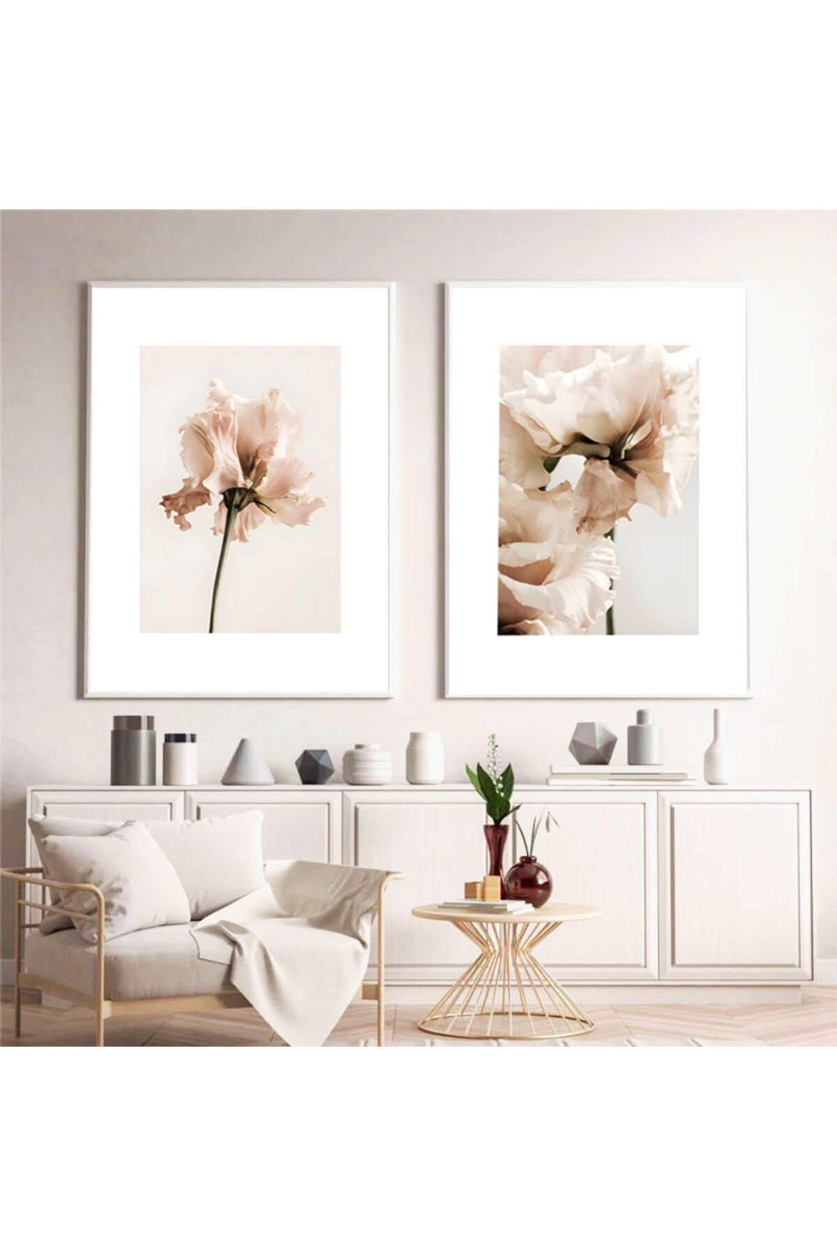 İkili Beyaz İnce Metal Çerçeve Soft Çiçek Cam Tablo Seti