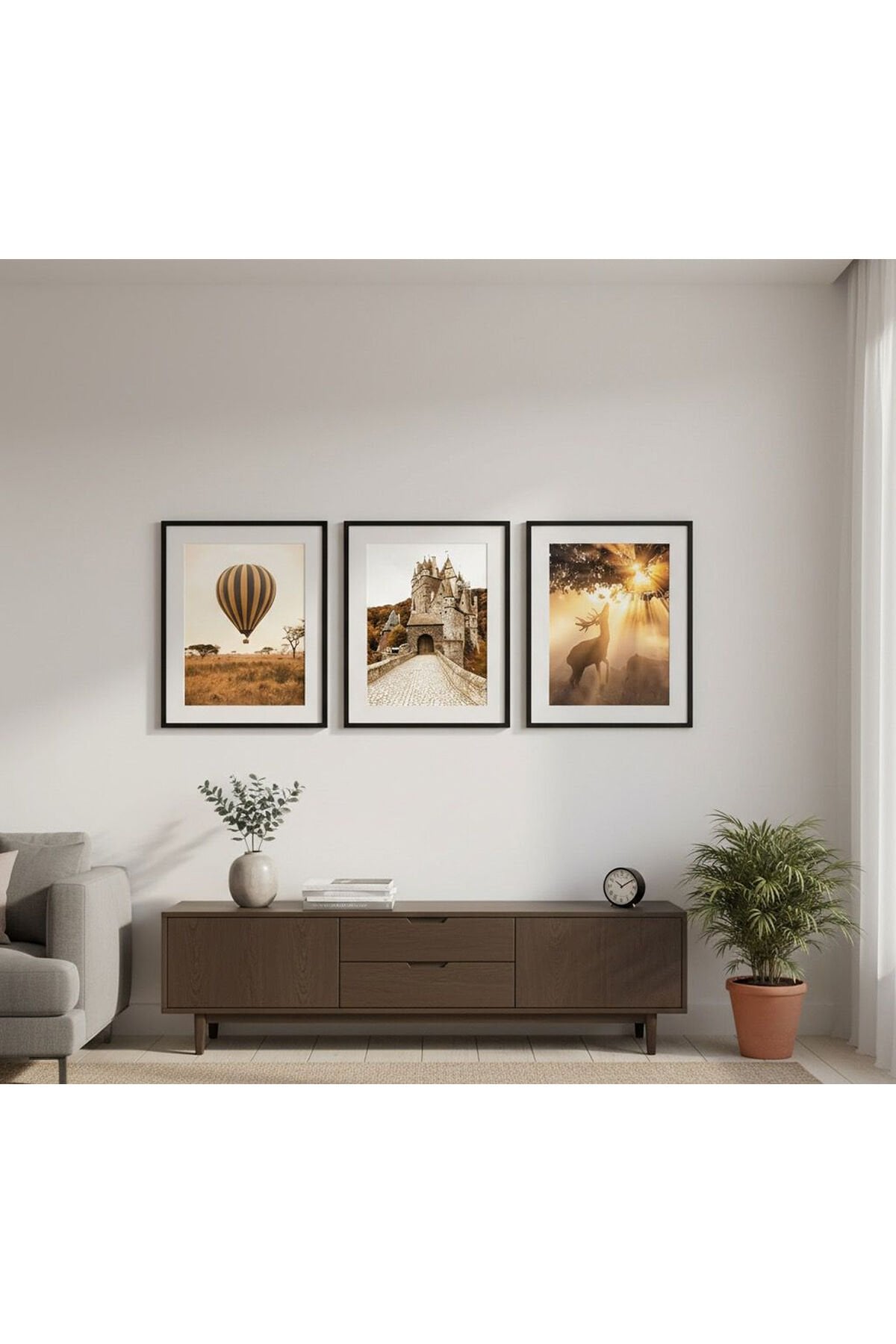 3lü Siyah Metal Çerçeve Geyik Şato Gerçek Cam Tablo Seti Si̇yah - 30 X 40