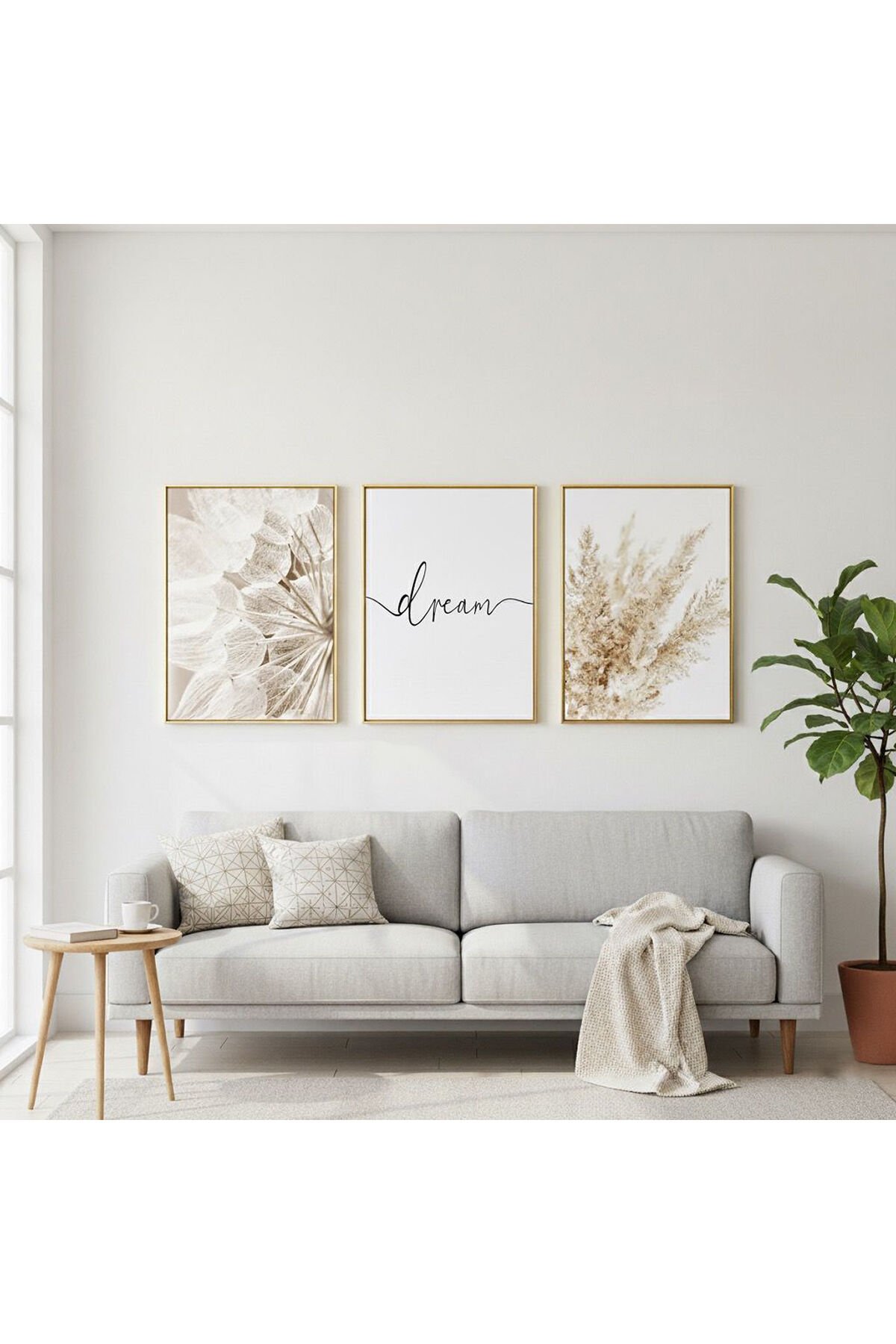 Üçlü Gold Metal Çerçeve Çiçek Soft Motto Poster Cam Tablo Seti