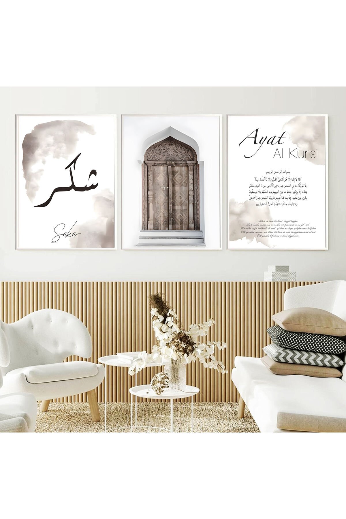 Üçlü Beyaz İnce Metal Çerçeve İslami Dini Cam Tablo Seti