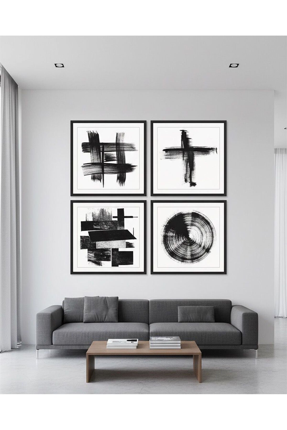 Dörtlü Siyah Metal Çerçeve Beyaz Soyut Gerçek Cam Tablo Seti
