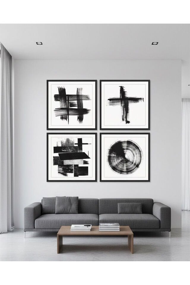 Dörtlü Siyah Metal Çerçeve Beyaz Soyut Gerçek Cam Tablo Seti