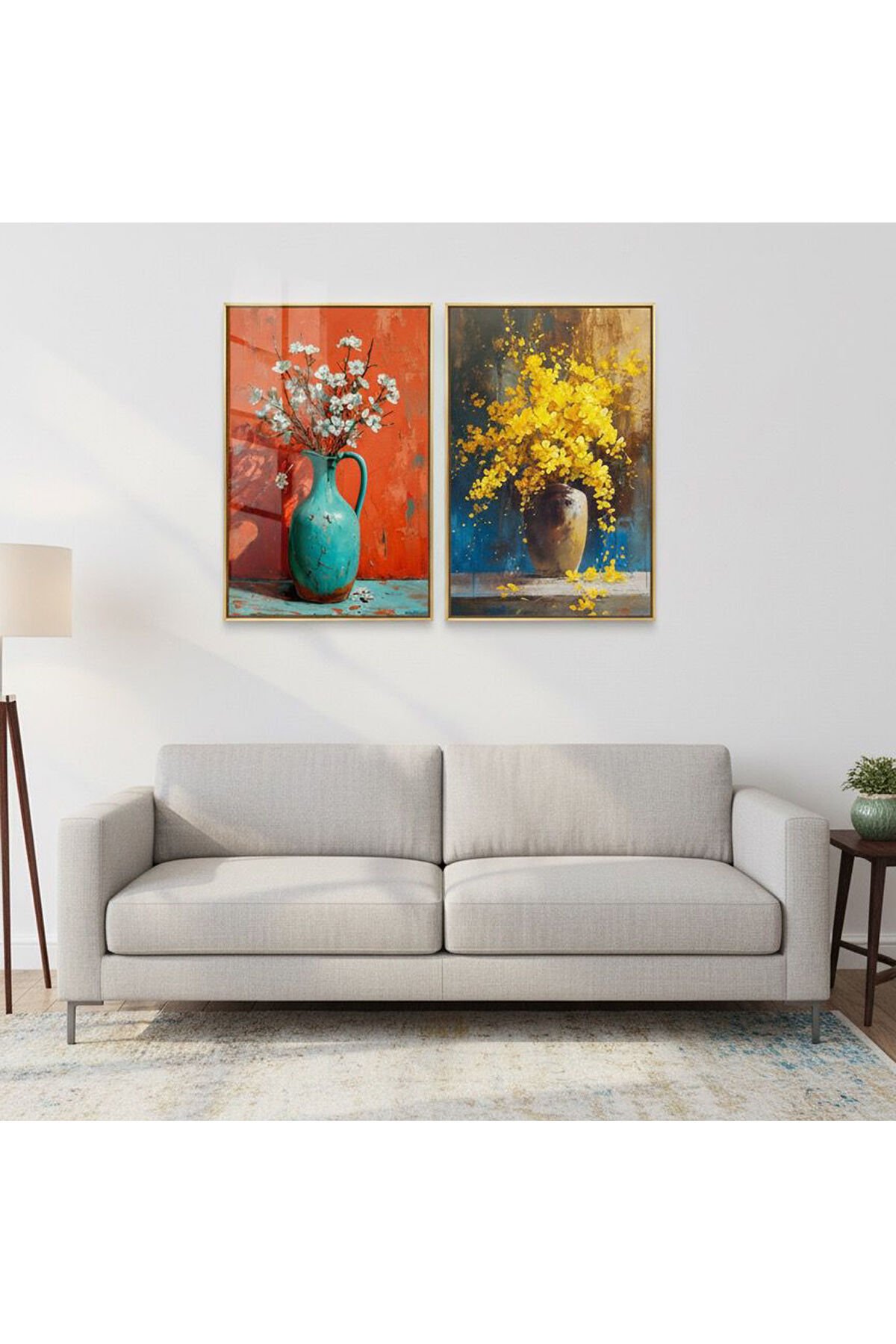 2li Gold Metal Çerçeve Kırmızı Sarı Saksı Çiçek Camlı Tablo Seti