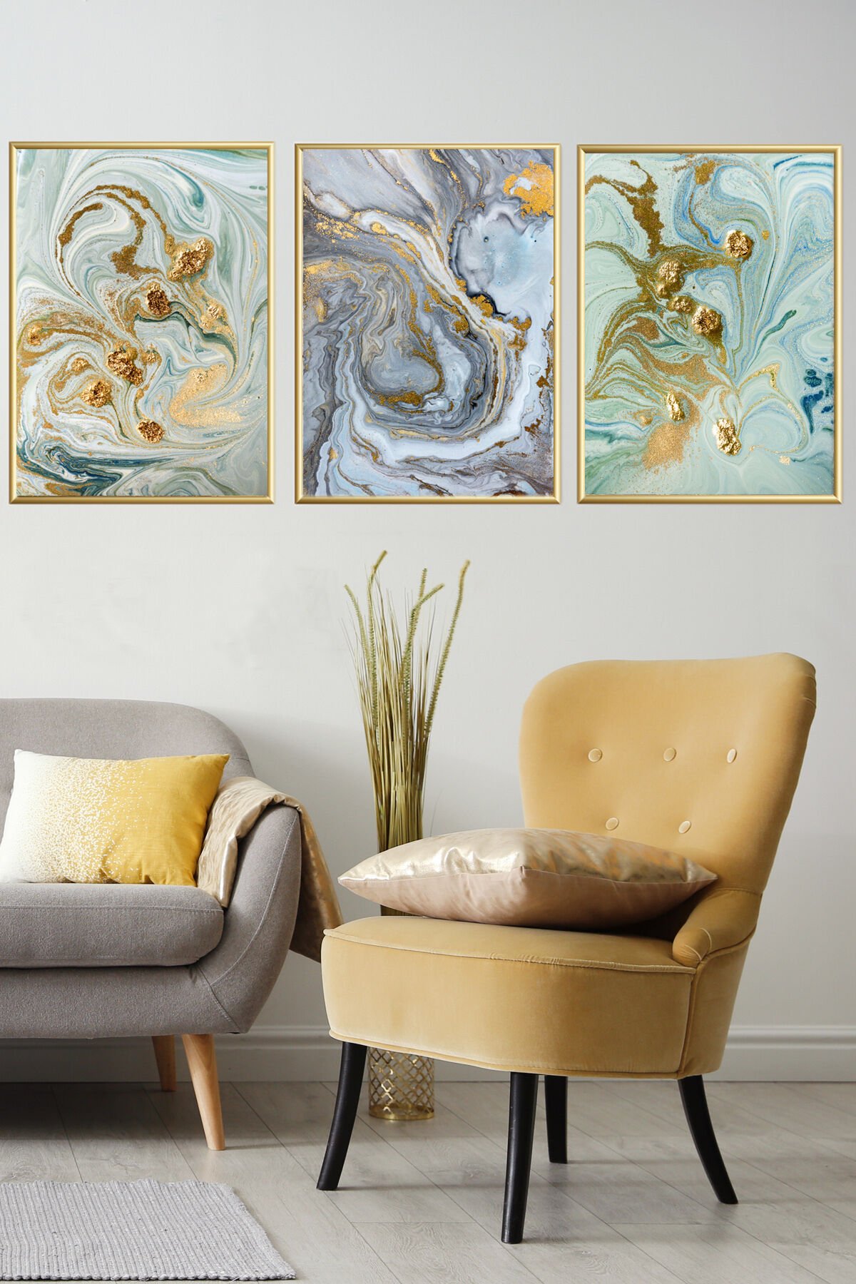 Üçlü Mavi Gold Alüminyum Camlı Soyut Çerçeveli Poster Tablo Set