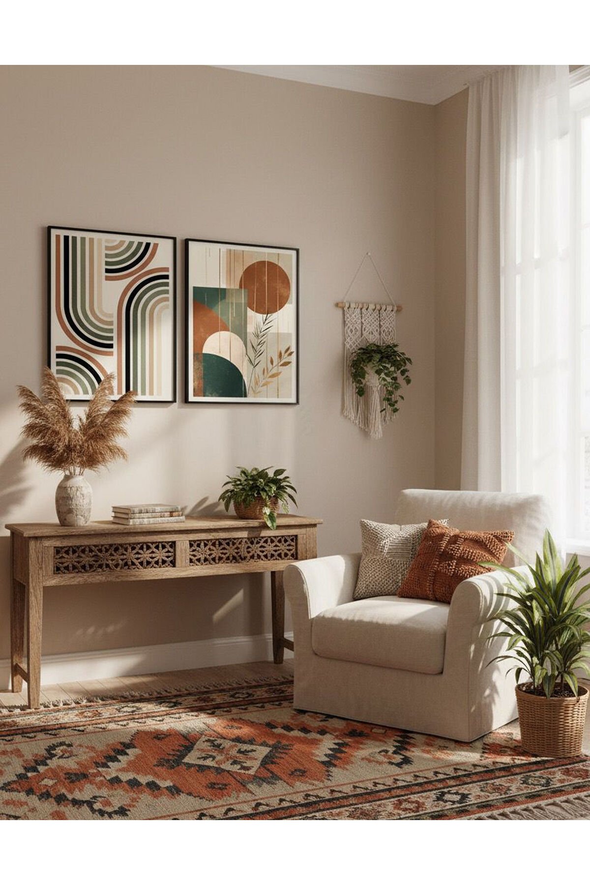 İkili Siyah Metal Çerçeve Bohem Kahve Camlı Tablo Seti