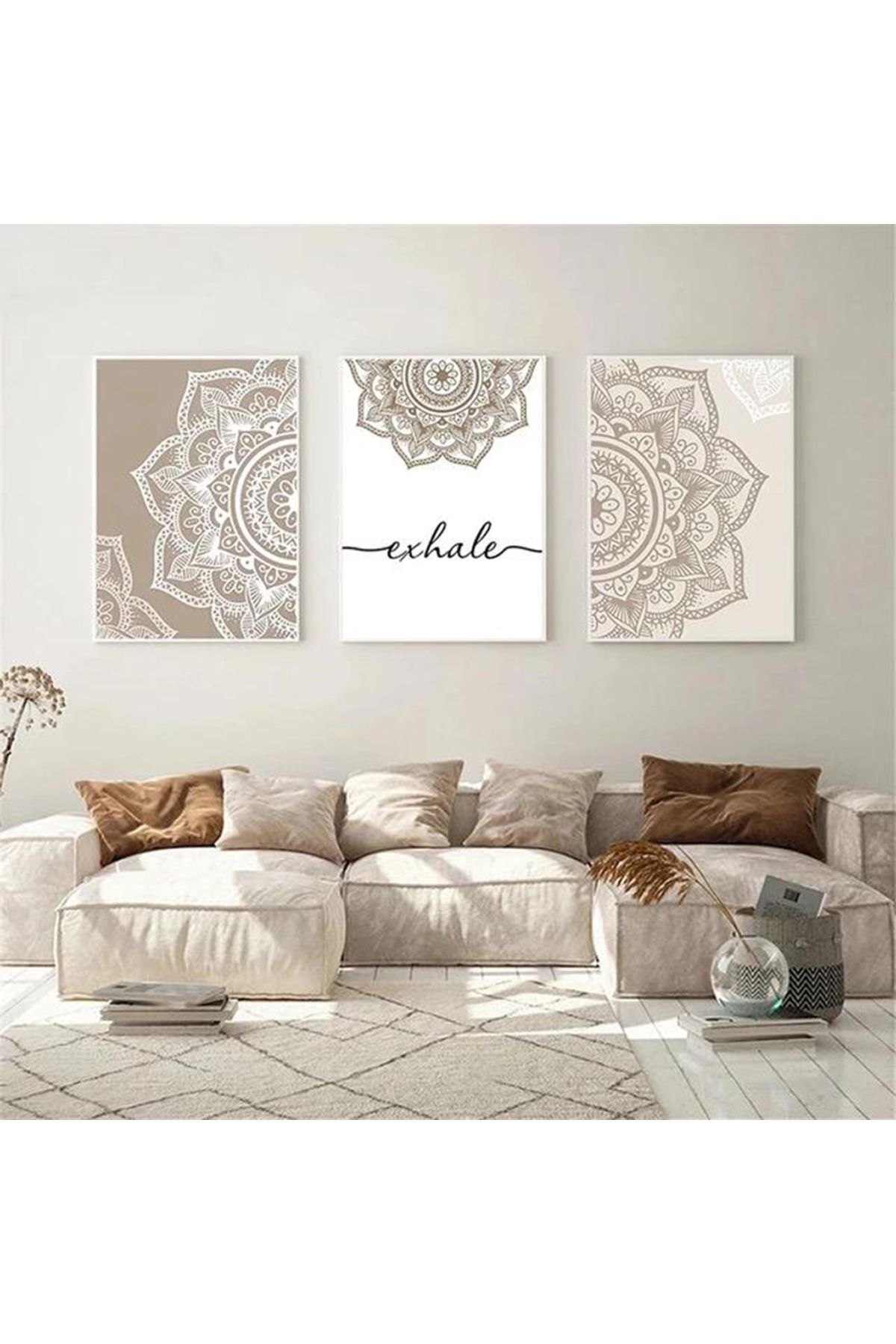 Üçlü Beyaz Metal Çerçeve Krem Kahve Motif Cam Tablo Seti