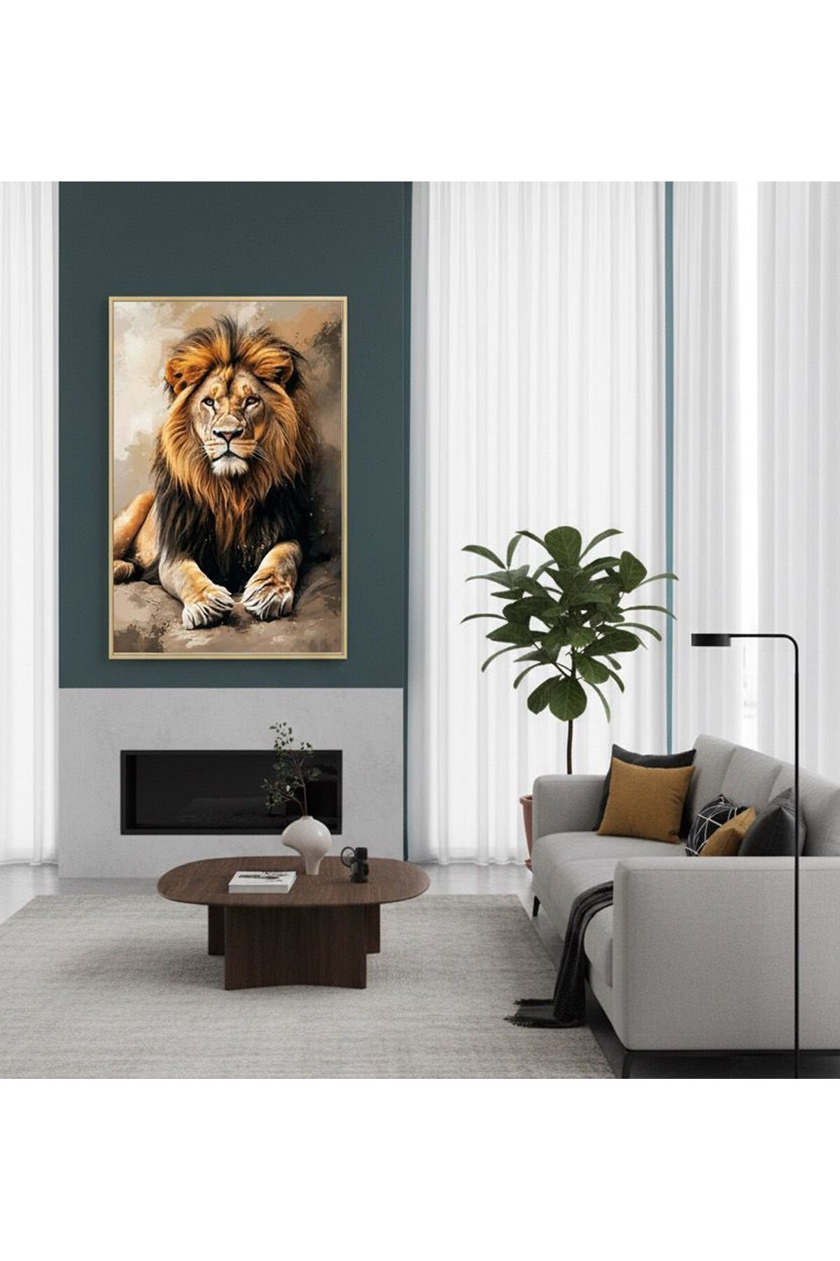 Tekli Gold Metal Çerçeve Aslan Doğa Gerçek Cam Tablo Seti