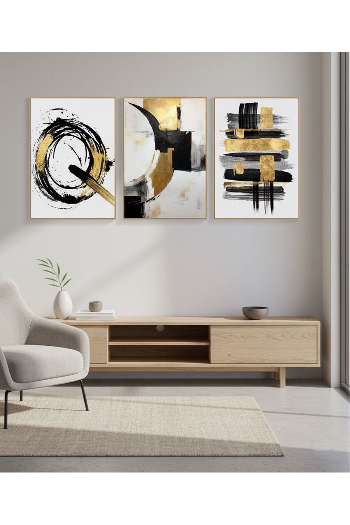 Üçlü Gold Metal Çerçeve Siyah Sarı Soyut Poster Cam Tablo Seti