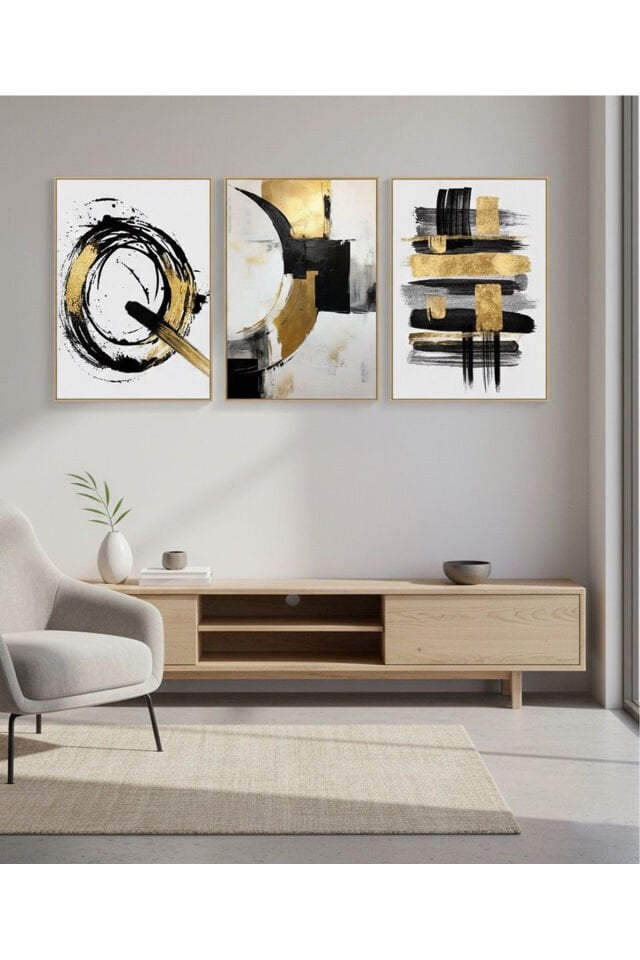 Üçlü Gold Metal Çerçeve Siyah Sarı Soyut Poster Cam Tablo Seti