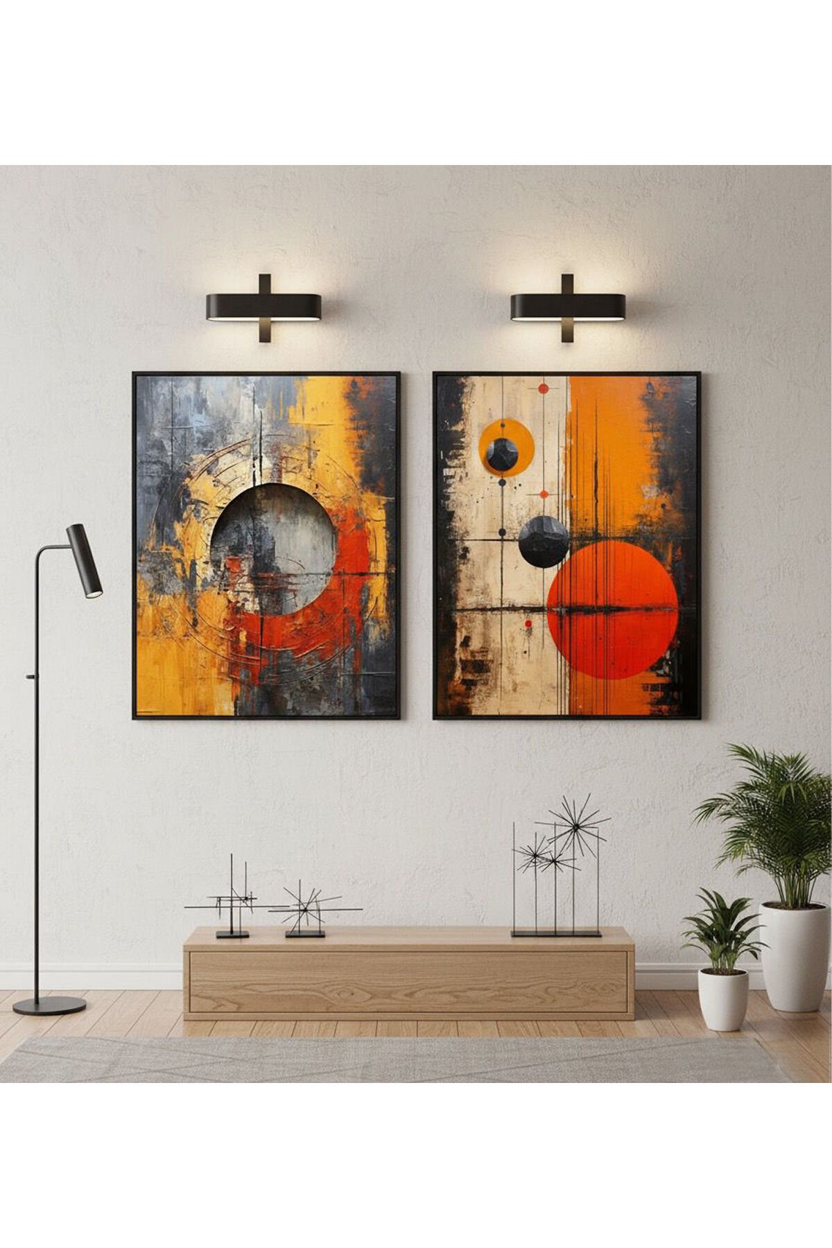 İkili Siyah Metal Çerçeve Turuncu Kırmızı Camlı Tablo Seti