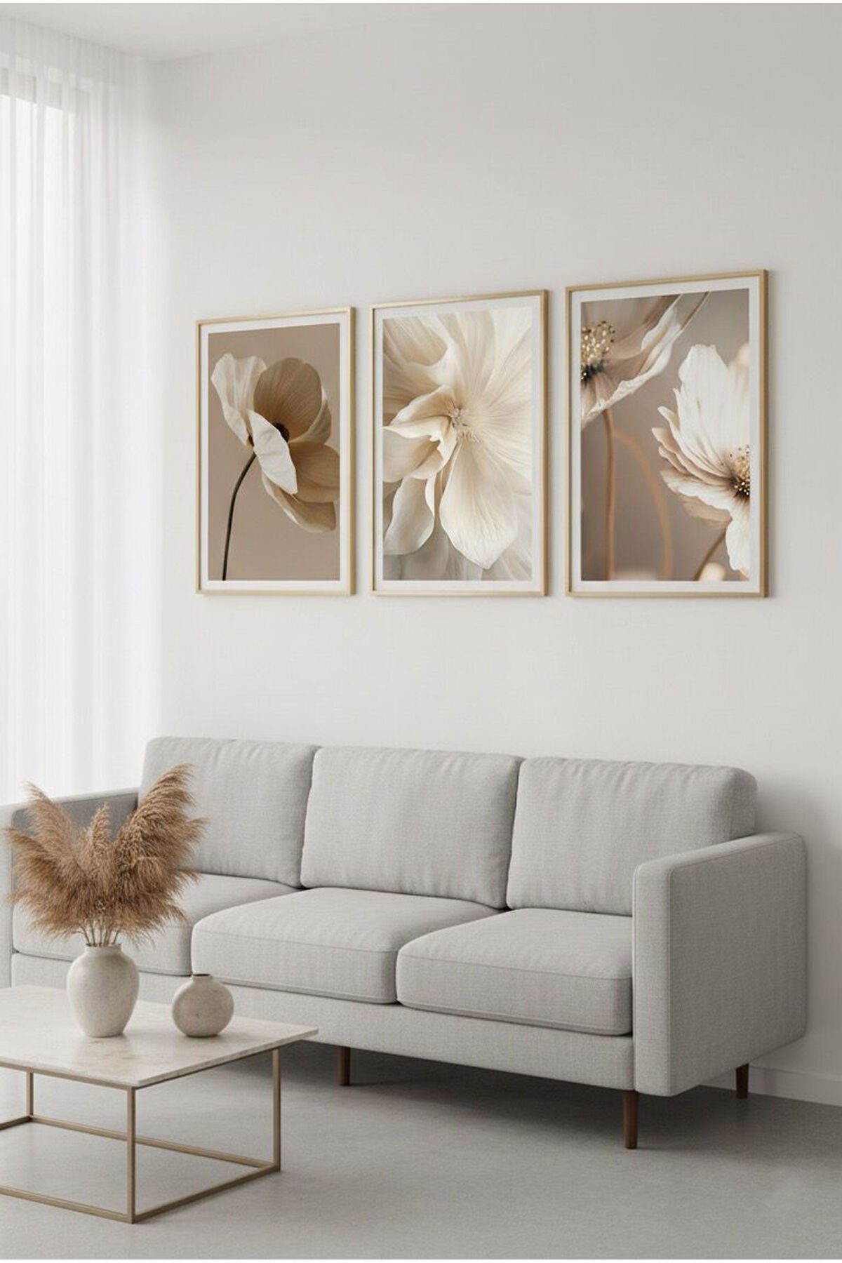 Üçlü Gold Metal Çerçeve Fenomen Bej Poster Cam Tablo Seti