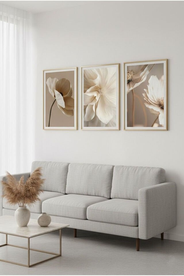 Üçlü Gold Metal Çerçeve Fenomen Bej Poster Cam Tablo Seti