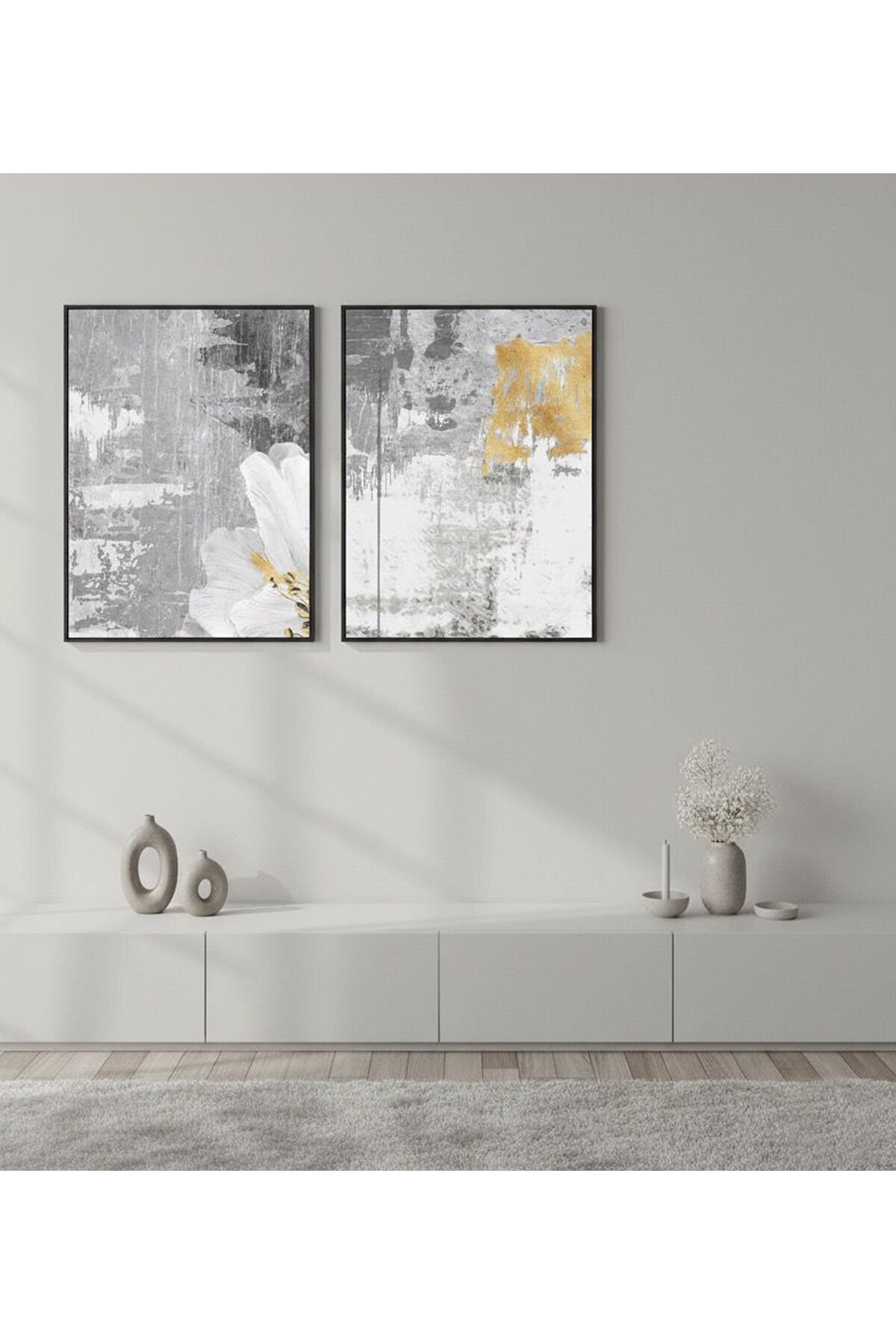İkili Siyah Metal Çerçeve Gri Desen Camlı Tablo Seti