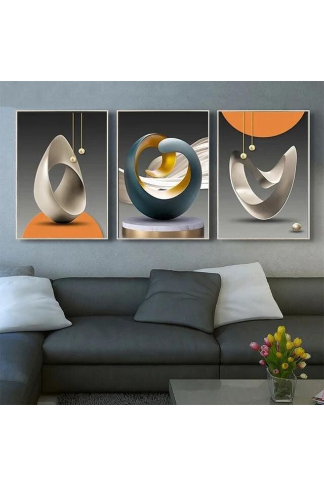 Üçlü Beyaz Metal Çerçeve Siyah Turuncu Şekiller Cam Tablo Seti