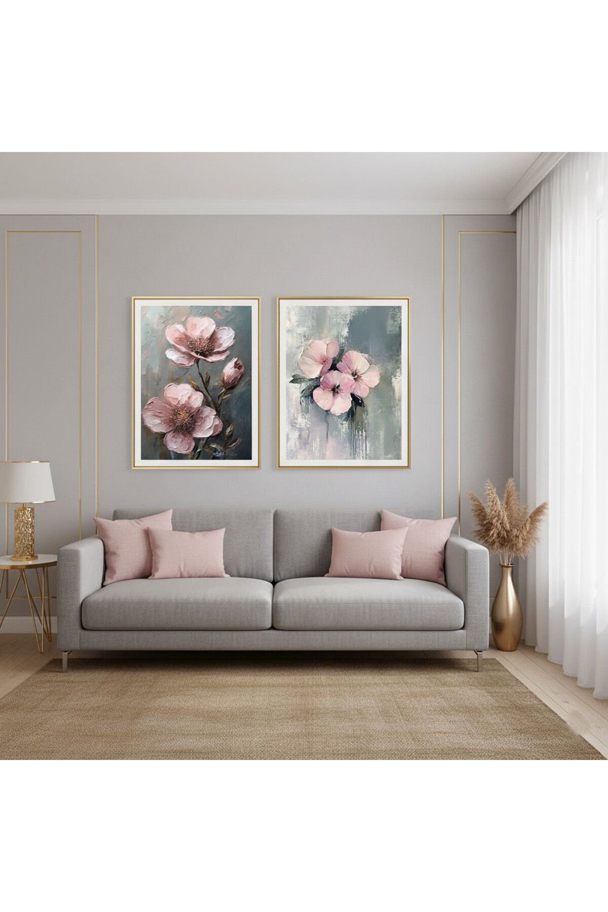 2li Gold Metal Çerçeve Pembe Çiçek Camlı Tablo Seti