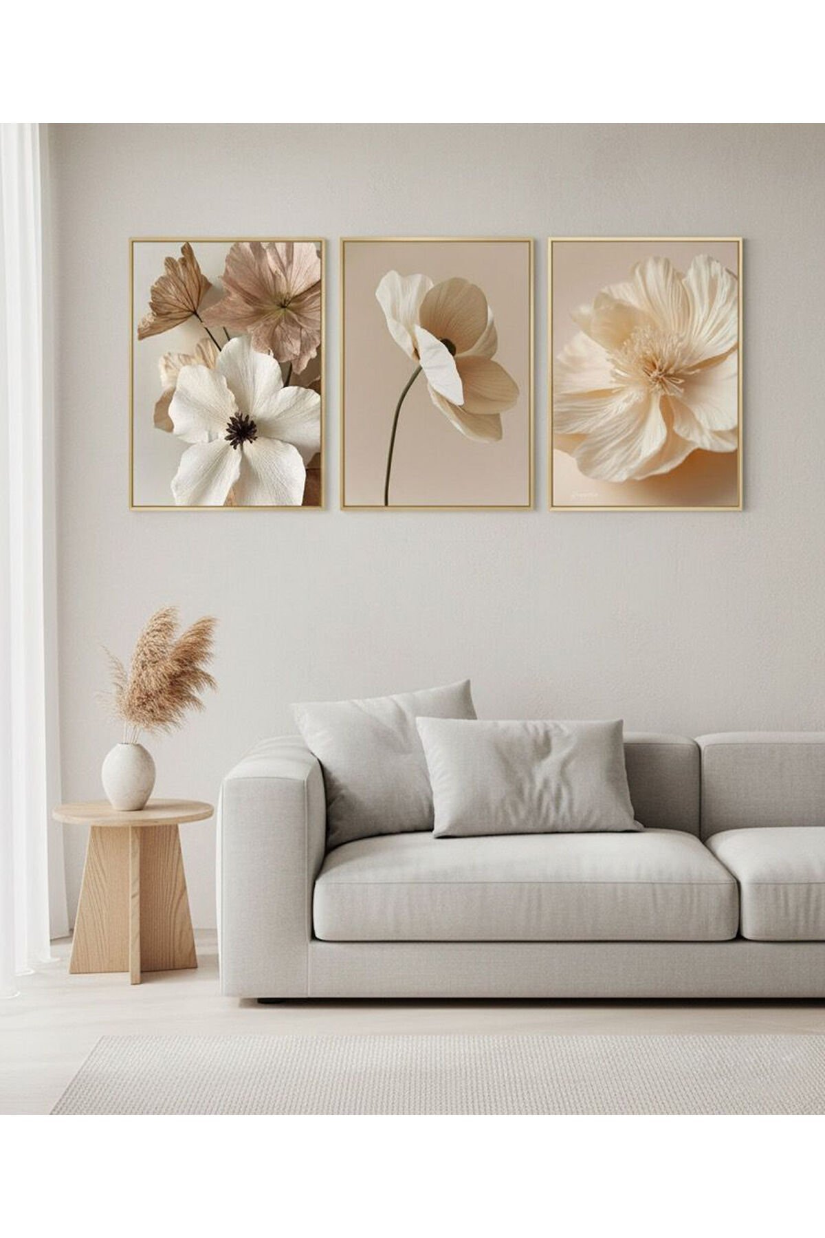 Üçlü Gold Metal Çerçeve Krem Bej Çiçek Poster Cam Tablo Seti
