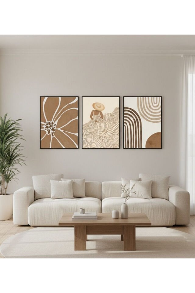 3lü Siyah Metal Çerçeve Sütlü Kahve Cam Tablo Seti