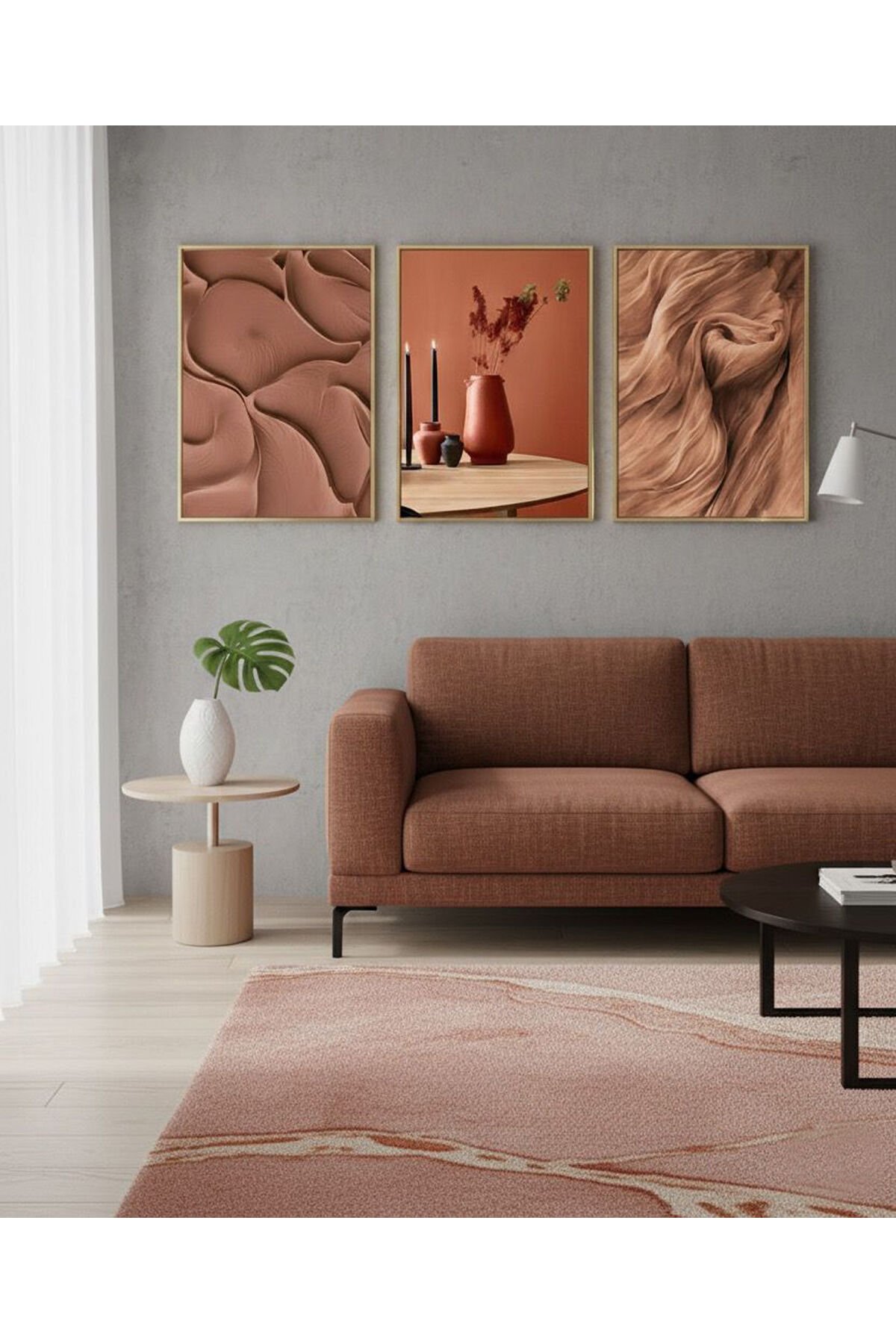 Üçlü Gold Metal Çerçeve Kiremit Pudra Poster Cam Tablo Seti