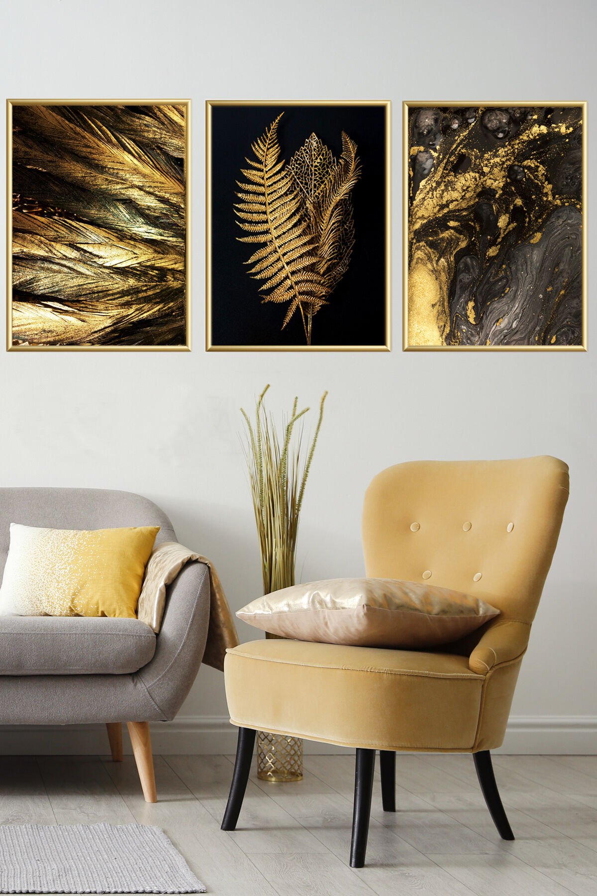 Üçlü Alüminyum Siyah Zemin Metal Çerçeveli Tablo Cam Poster Set