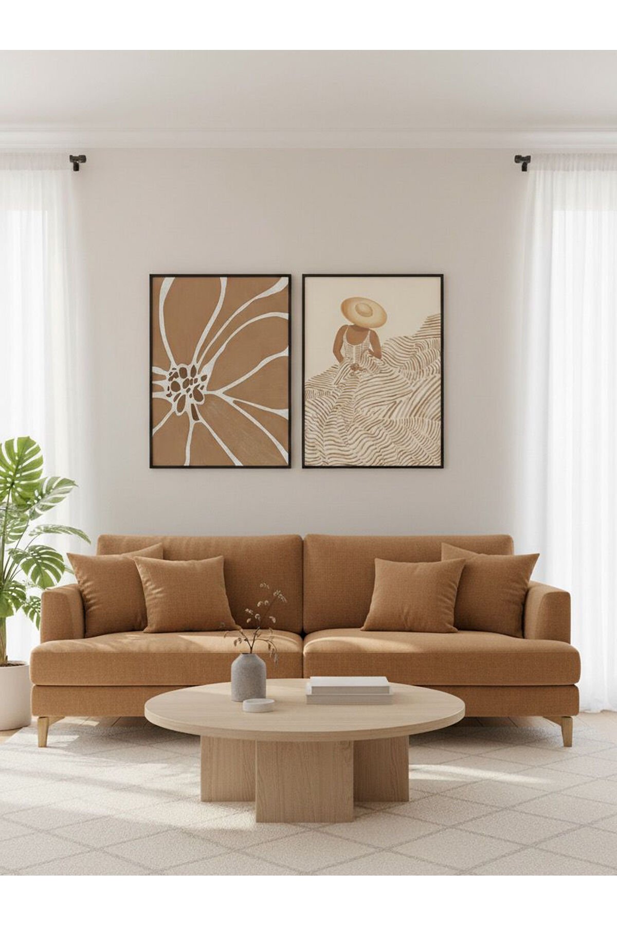 İkili Siyah Metal Çerçeve Sütlü Kahverengi Şapka Camlı Tablo Seti