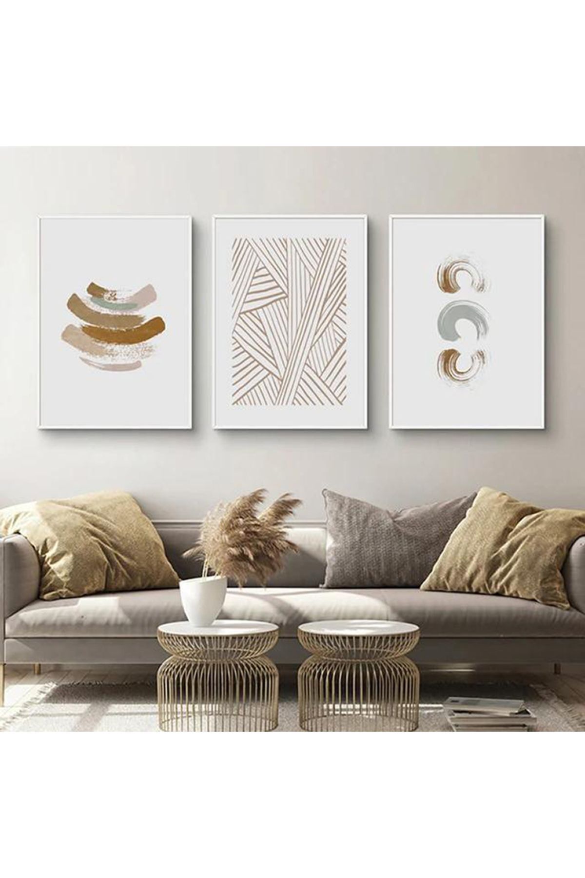 Üçlü Beyaz Metal Çerçeve Krem Soft Cam Tablo Seti