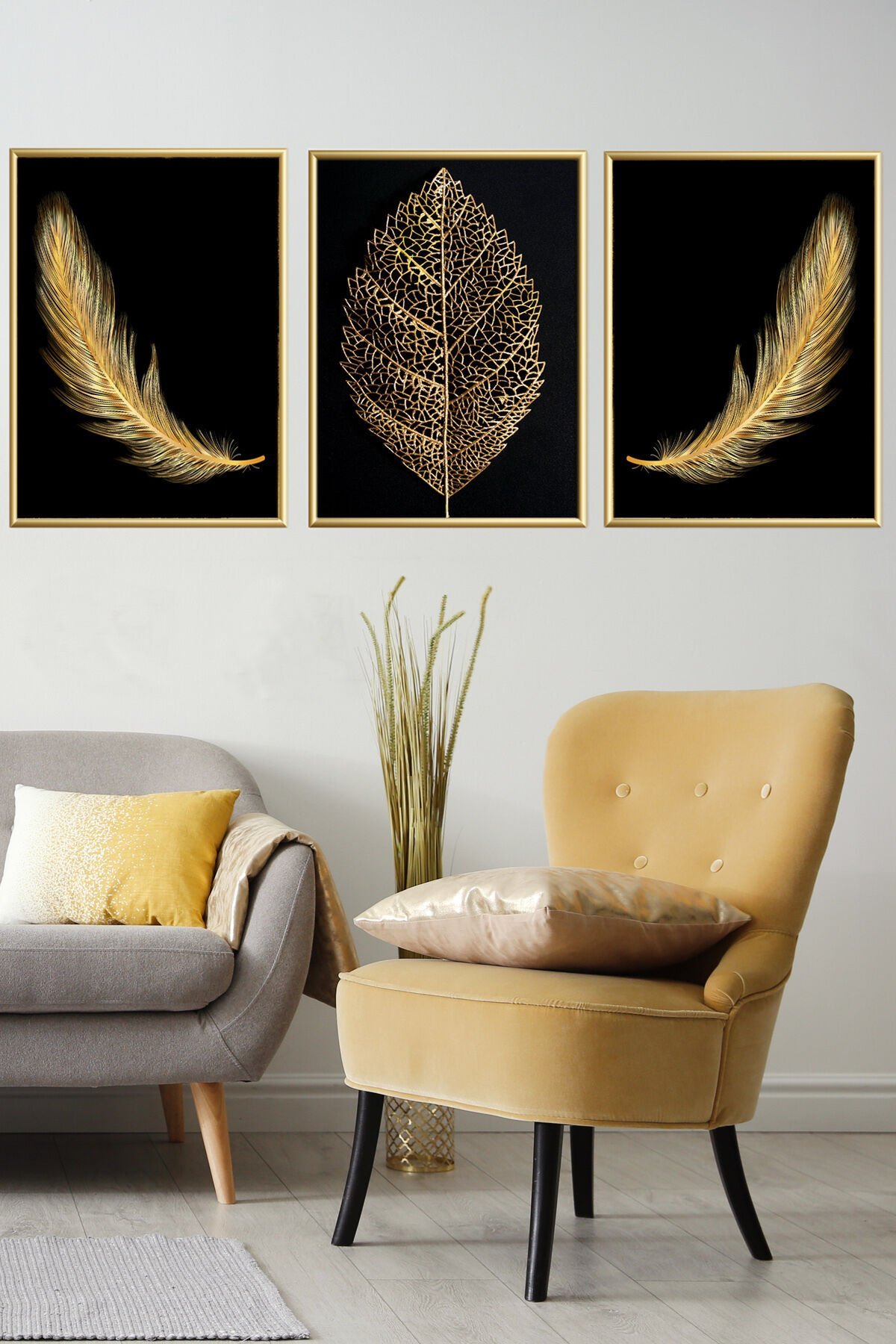 Üçlü Siyah Zemin Gold Yaprak Alüminyum Camlı Çerçeveli Poster Set