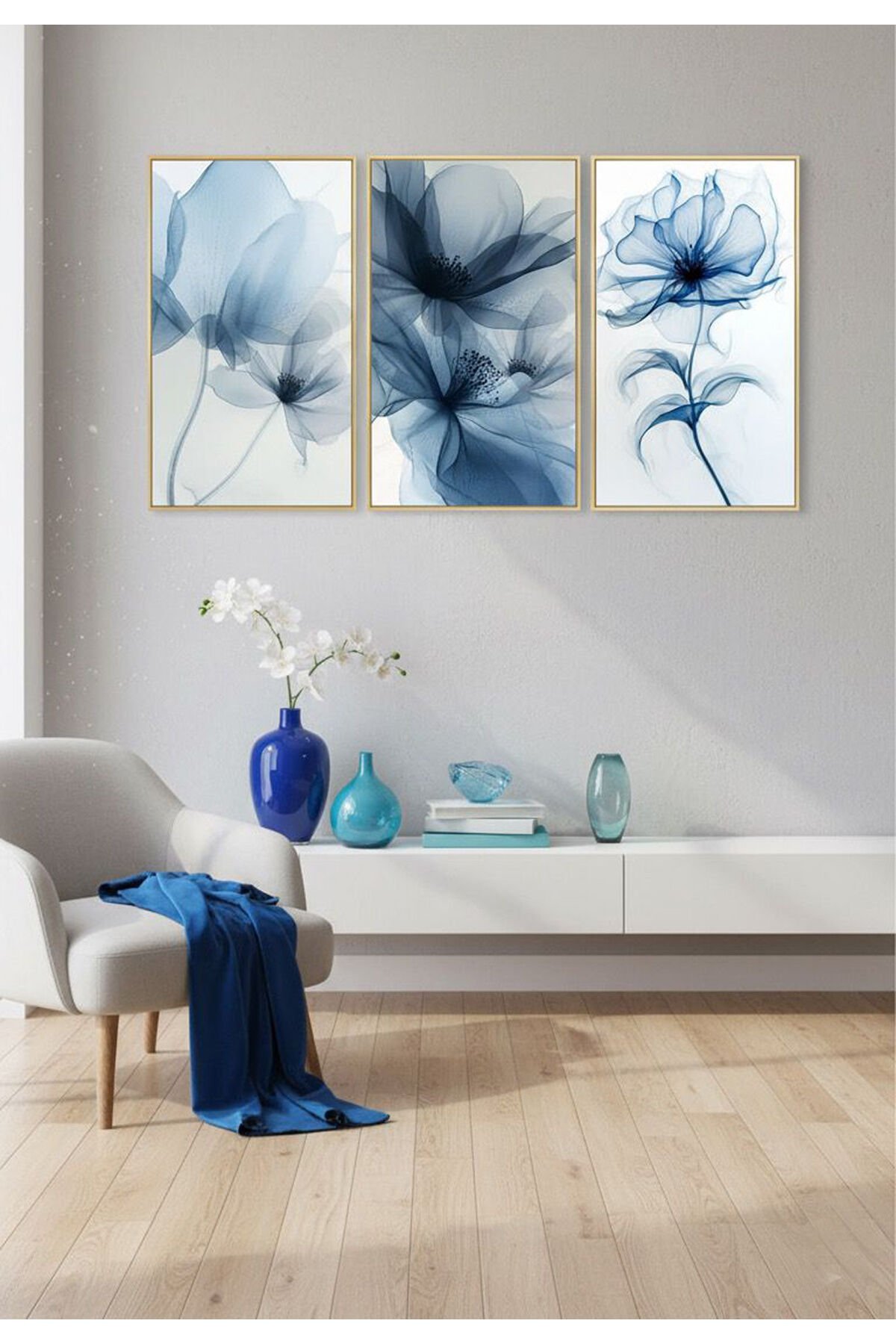 Üçlü Gold Metal Çerçeve Mavi Çiçek Poster Cam Tablo Seti