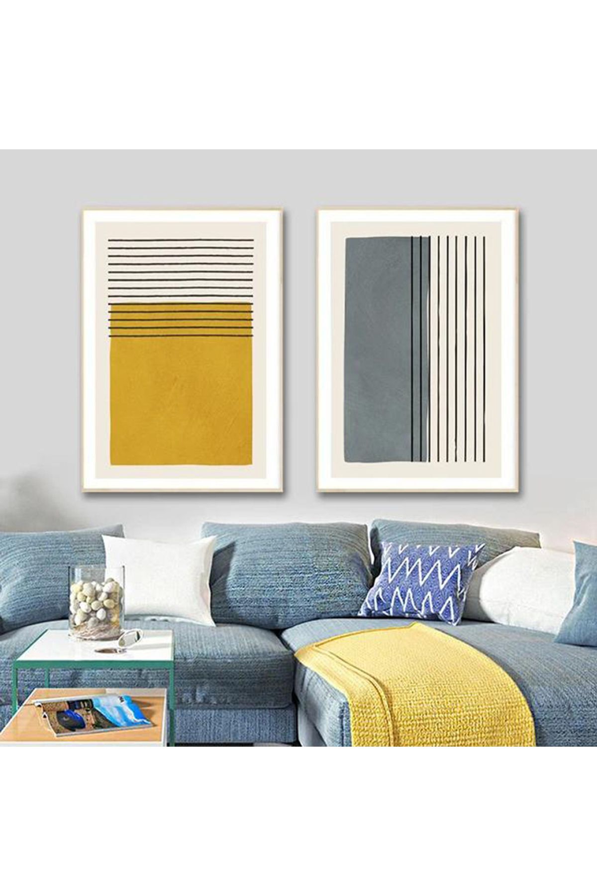 İkili Beyaz Metal Çerçeveli Mavi Sarı Çizgi Camlı Tablo Seti