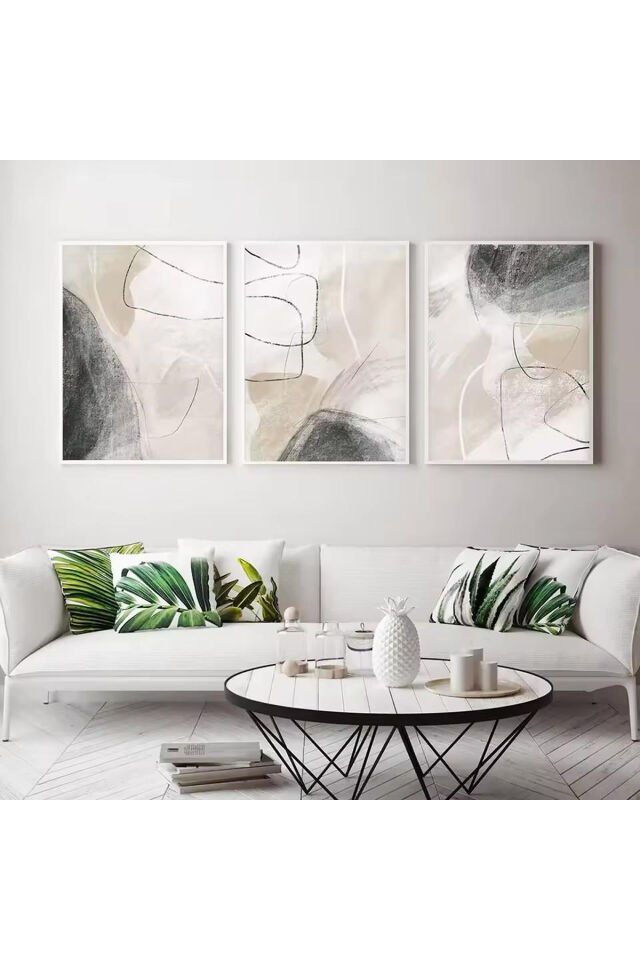 3lü Beyaz Metal Çerçeve Gri Krem Soyut Cam Tablo Seti Beyaz - 50 X 70