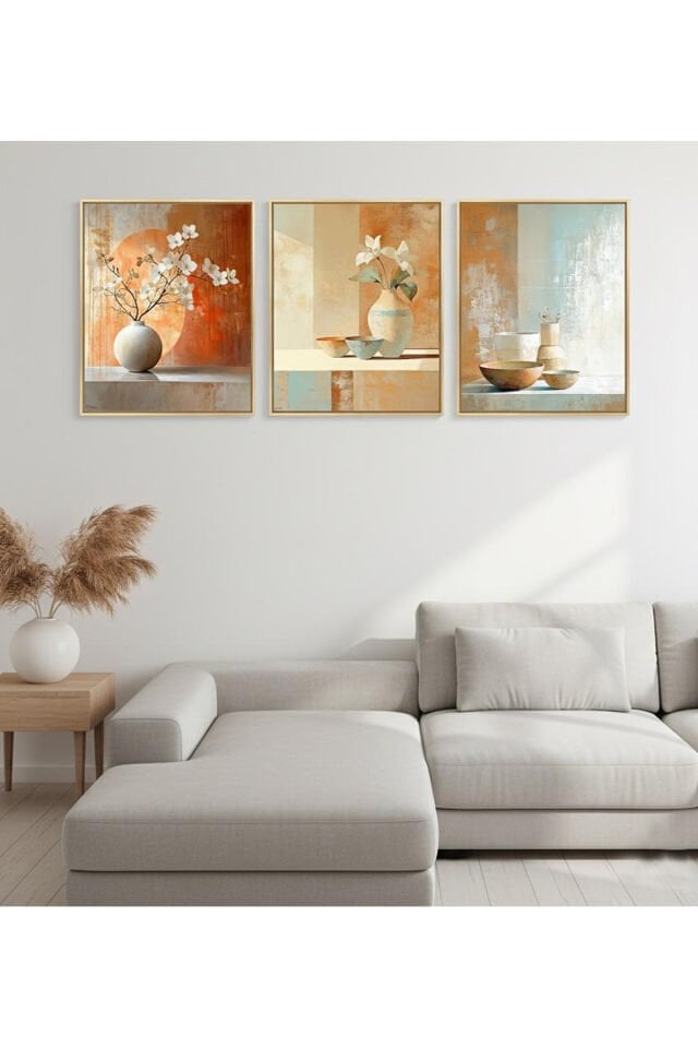 Üçlü Gold Metal Çerçeve Saksı Çiçek Poster Cam Tablo Seti