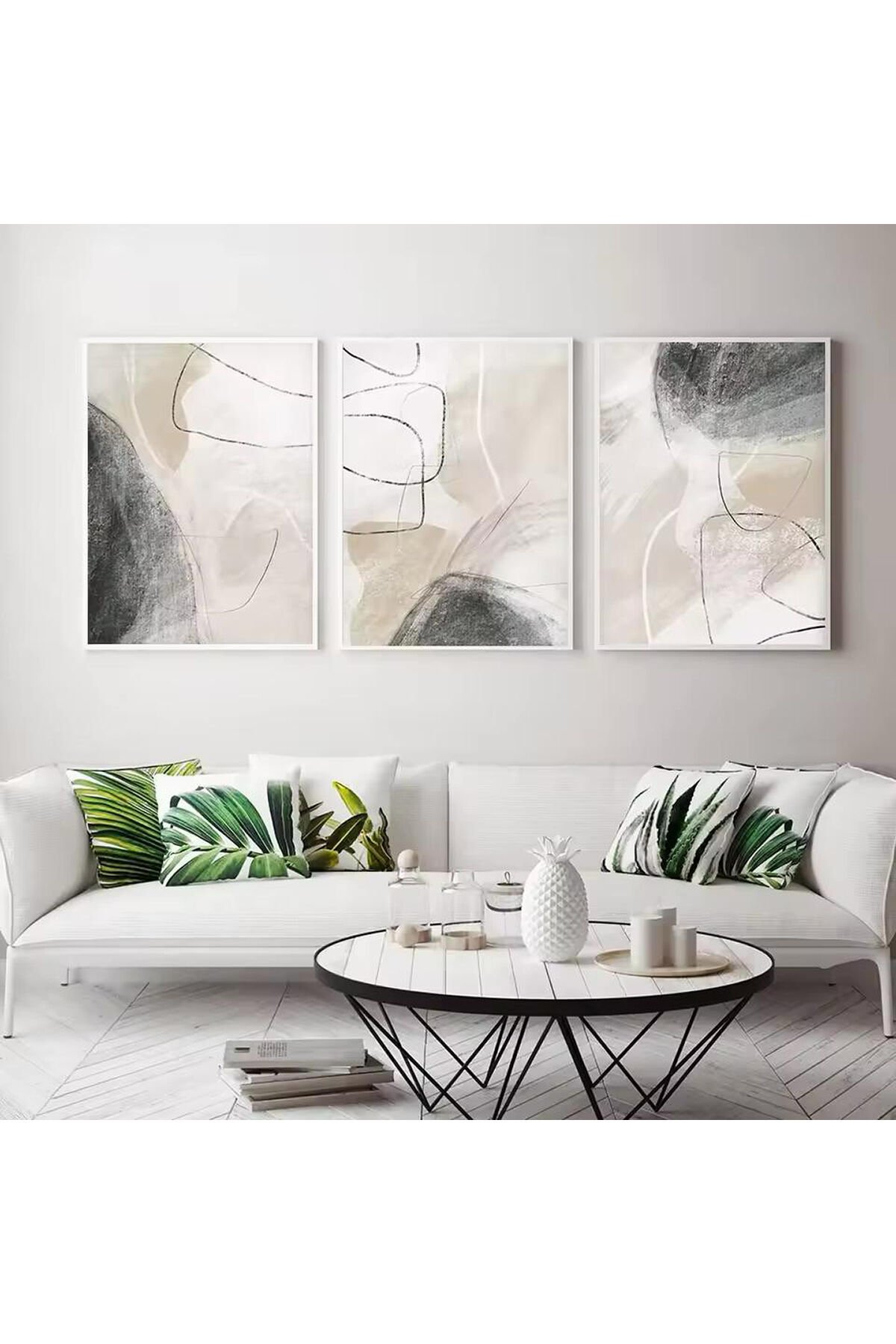 3lü Beyaz Metal Çerçeve Gri Krem Soyut Cam Tablo Seti Beyaz - 40 X 60
