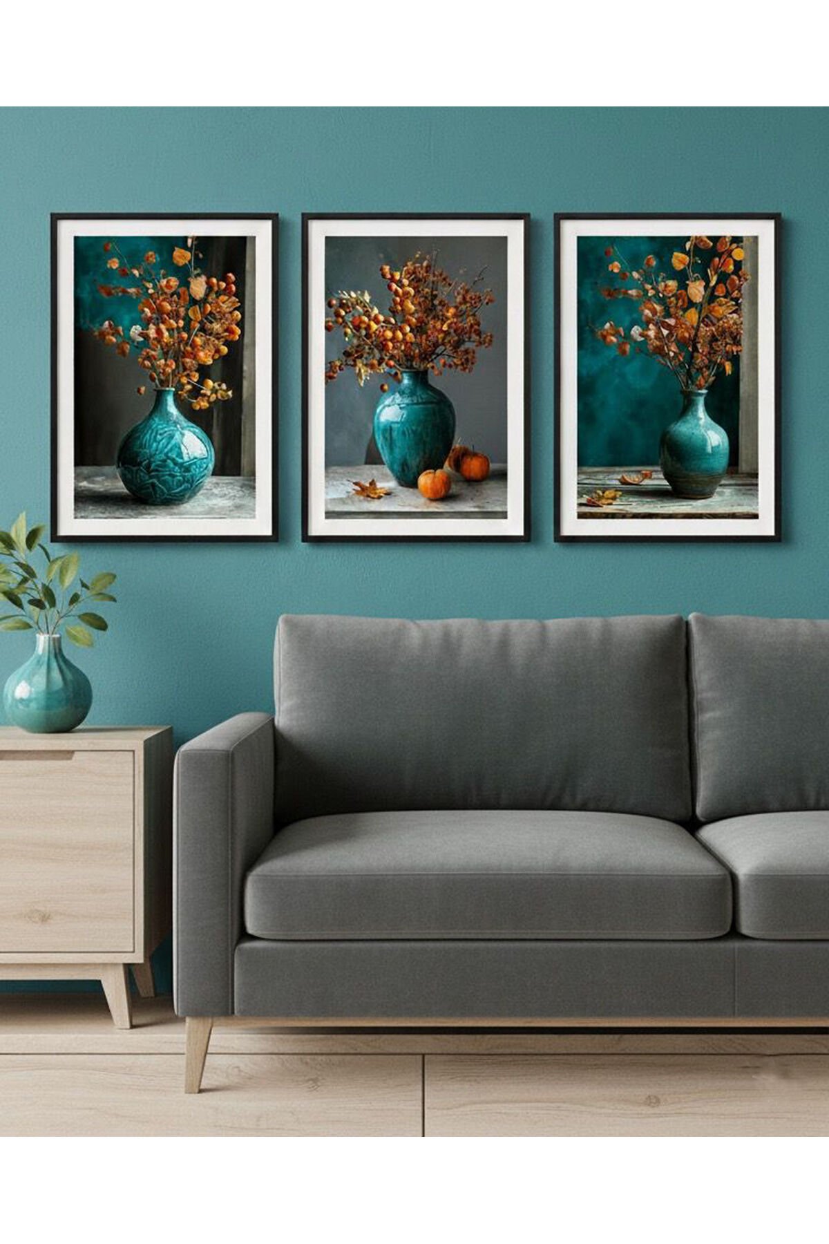 3lü Siyah Metal Çerçeve Turkuaz Vazo Cam Tablo Seti
