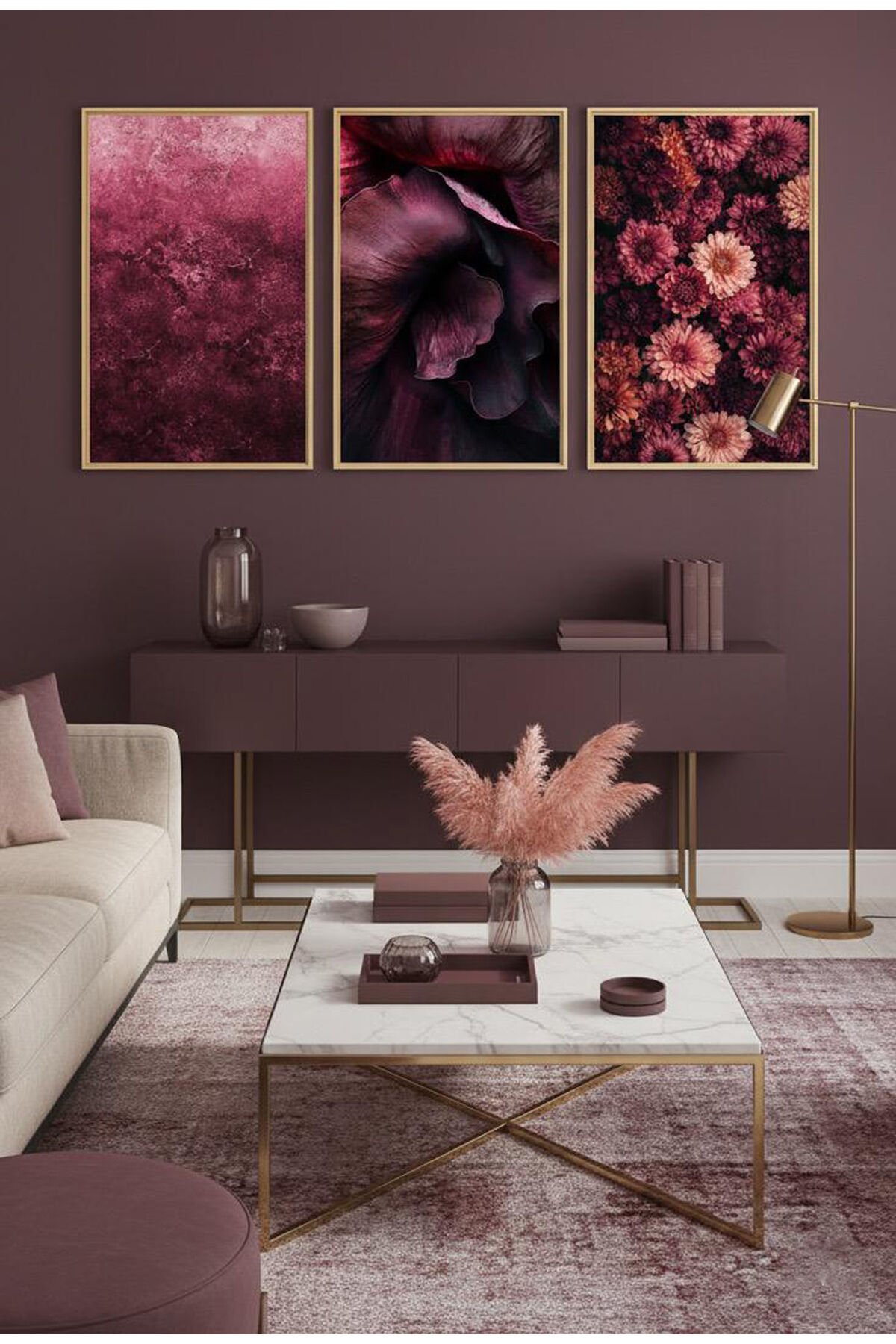 Üçlü Gold Metal Çerçeve Krem Mürdüm Çiçek Poster Cam Tablo Seti