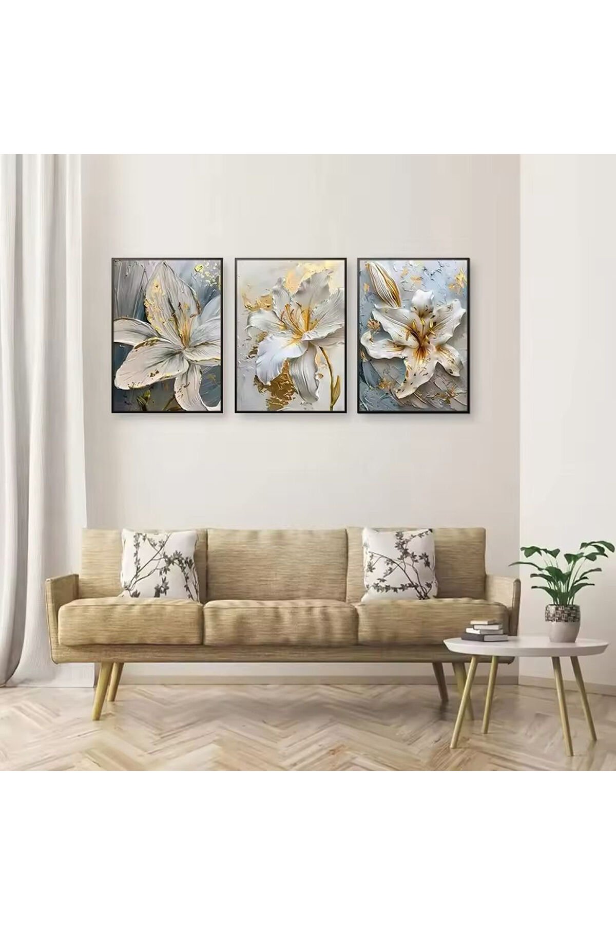 3lü Siyah Metal Çerçeve Beyaz Çiçek Cam Tablo Seti