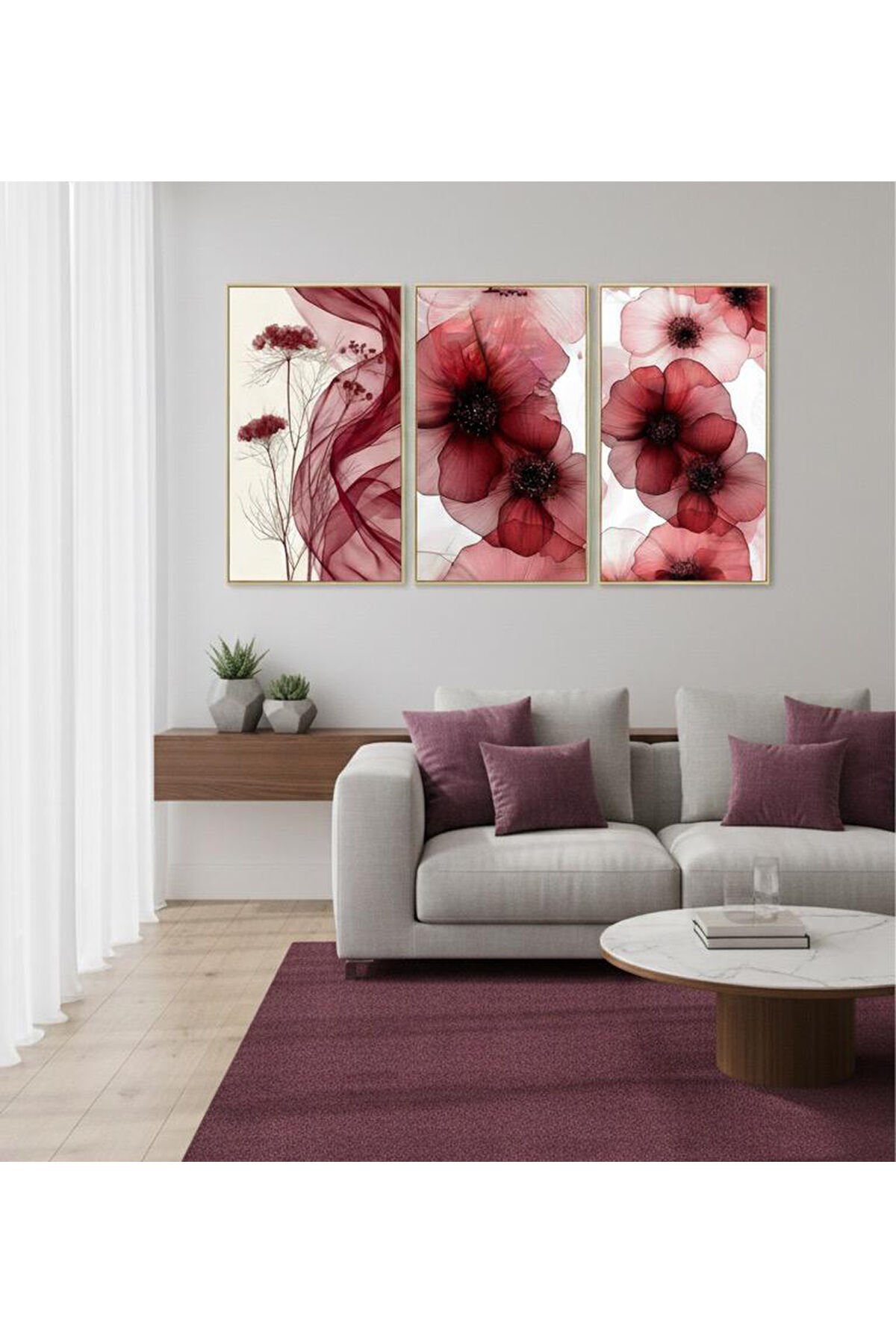 Üçlü Gold Metal Çerçeve Mürdüm Beyaz Çiçek Poster Cam Tablo Seti