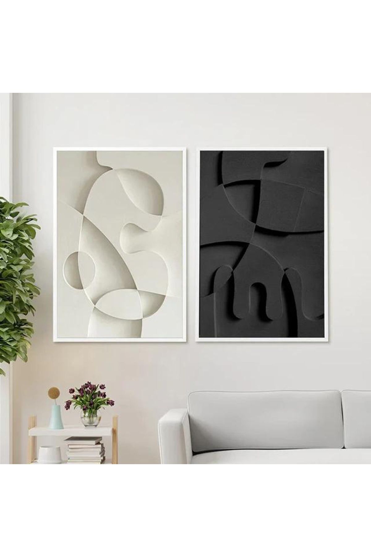 İkili Beyaz Metal Çerçeveli Siyah Beyaz Camlı Tablo Seti