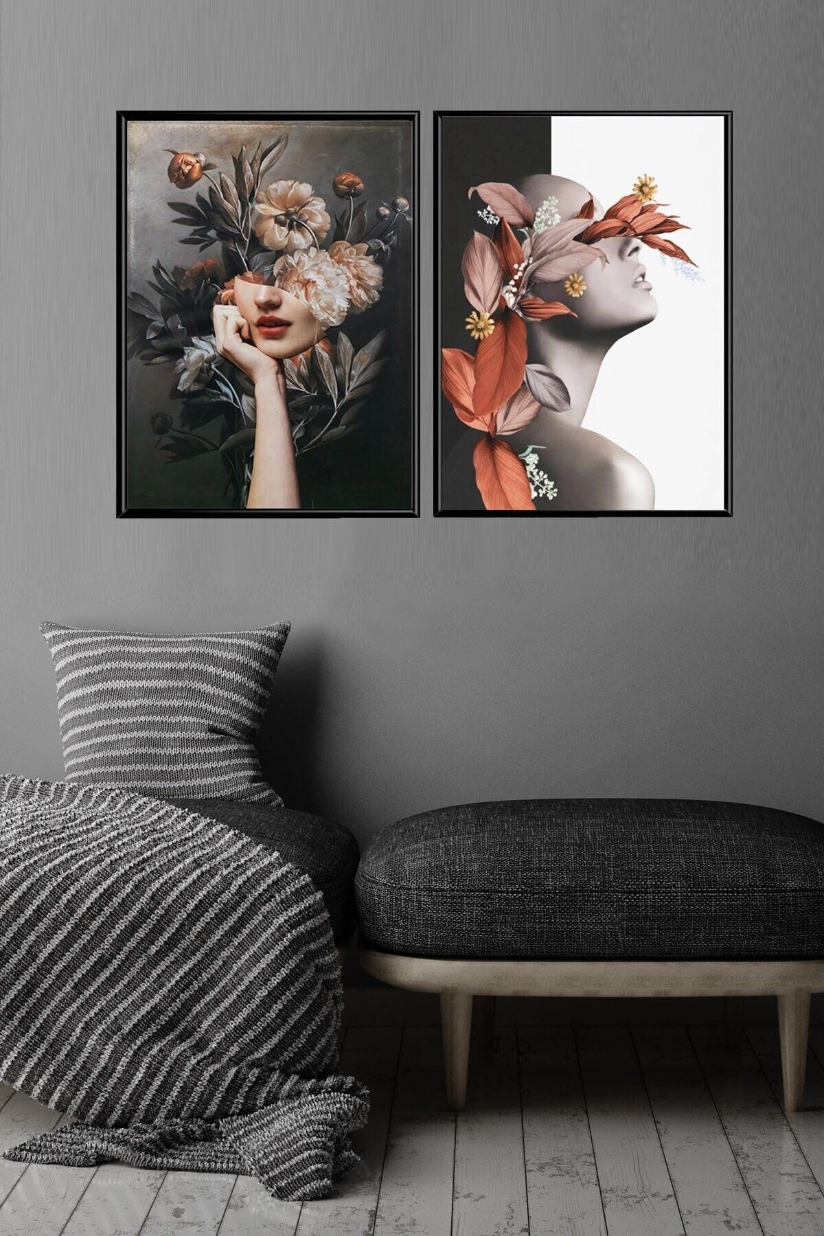 Ikili Alüminyum Metal Siyah Çerçeveli Poster Cam Tablo Seti