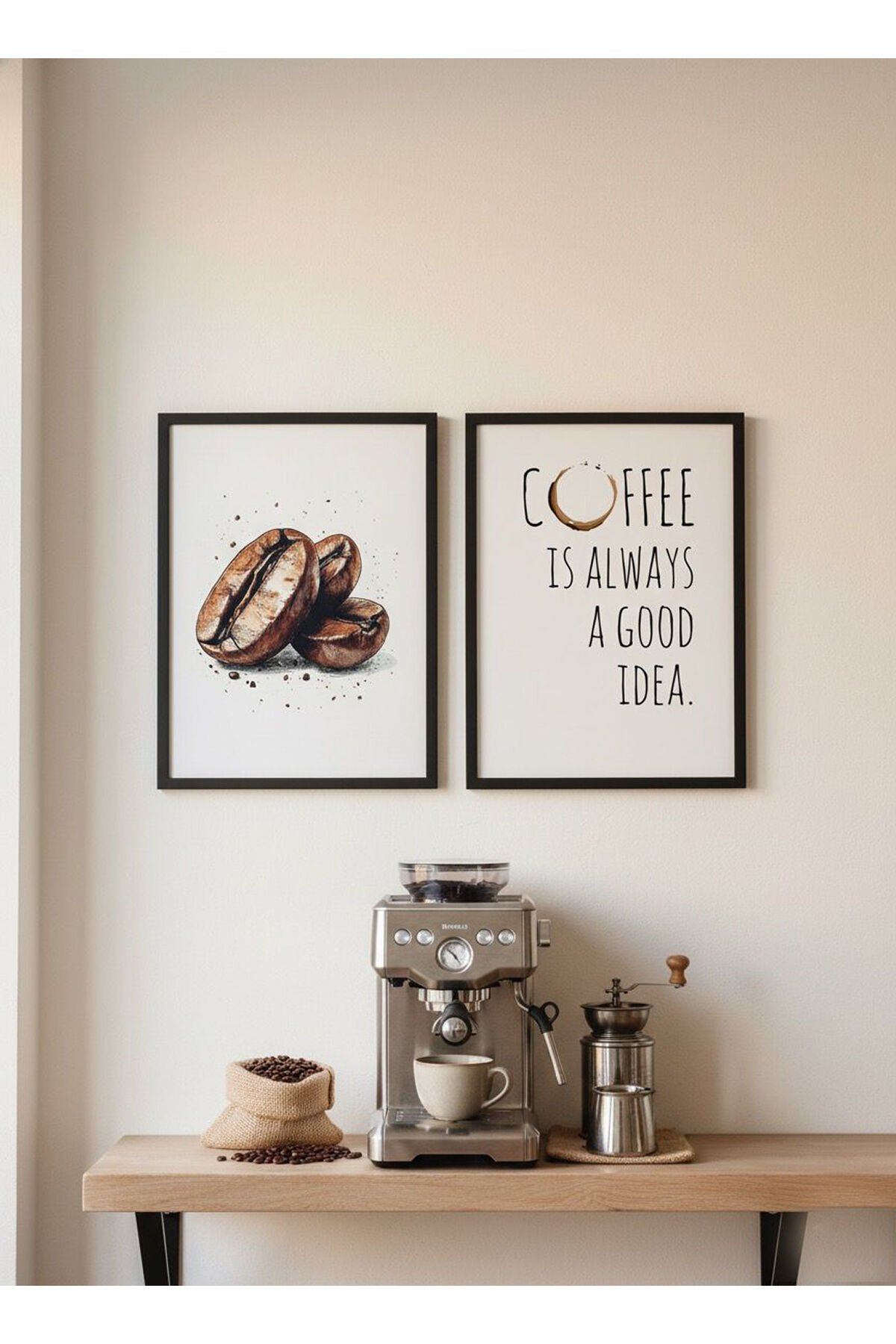 İkili Siyah Metal Çerçeve Kahve Köşesi Camlı Tablo Seti