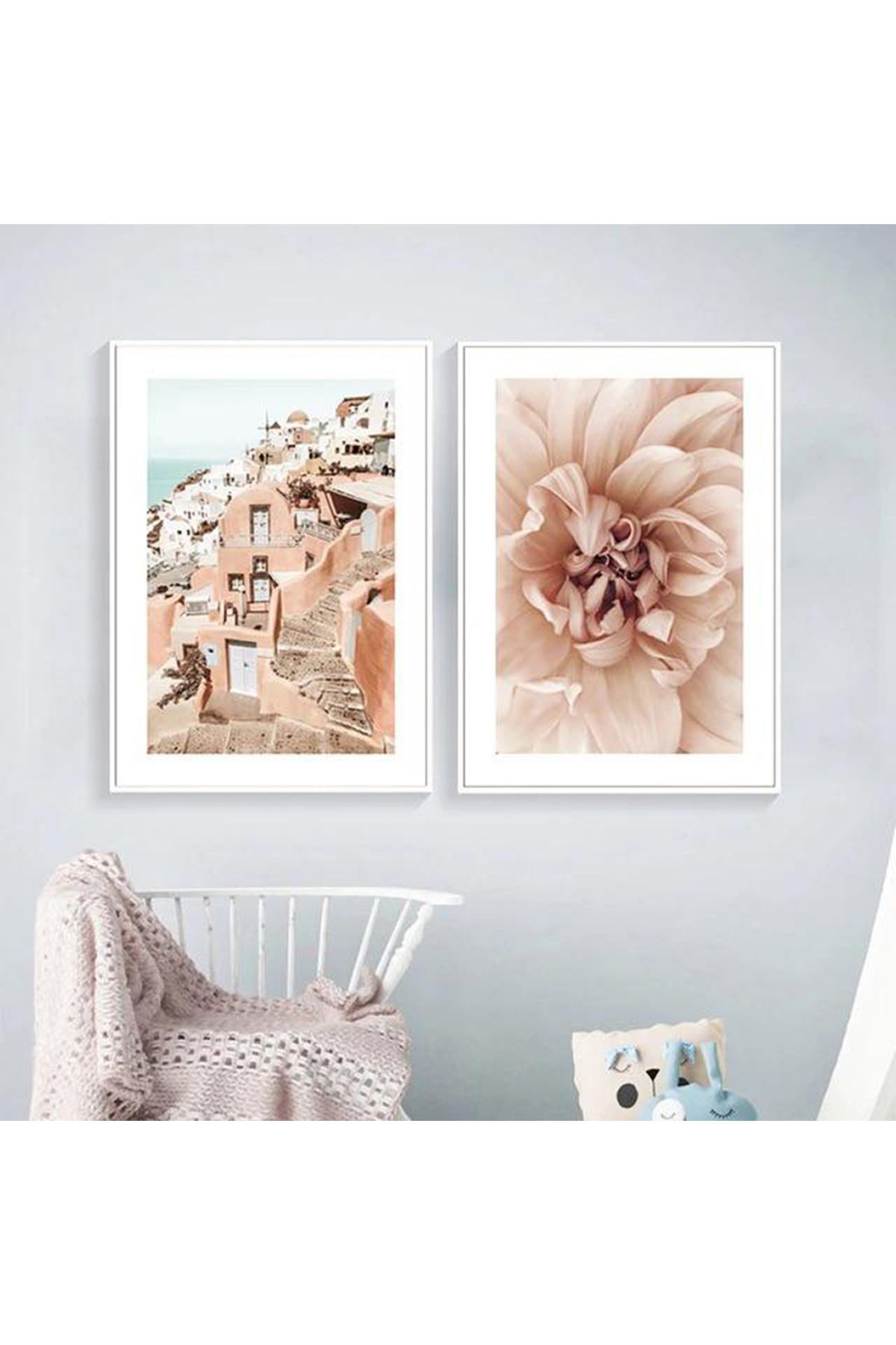 İkili Beyaz Metal Çerçeveli Soft Çiçek Camlı Tablo Seti