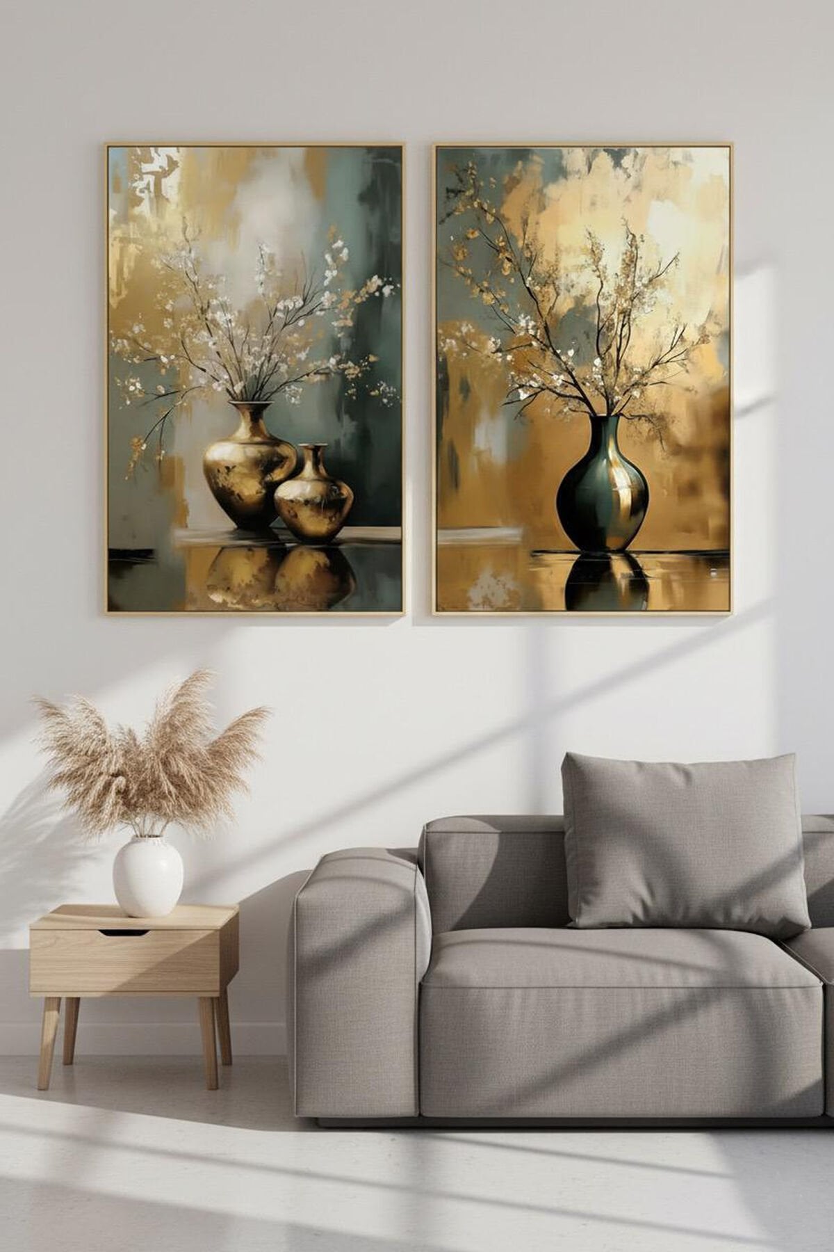 2li Gold Metal Çerçeve Saksı Şık Çiçek Camlı Tablo Seti