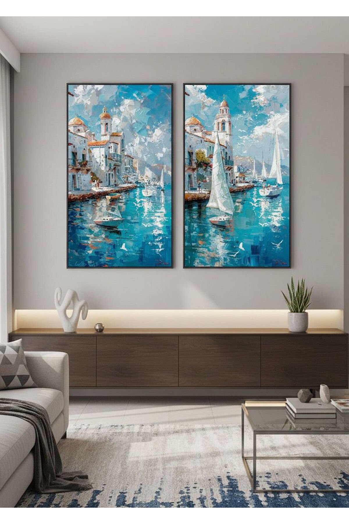 İkili Siyah Metal Çerçeve Ege Deniz Camlı Tablo Seti